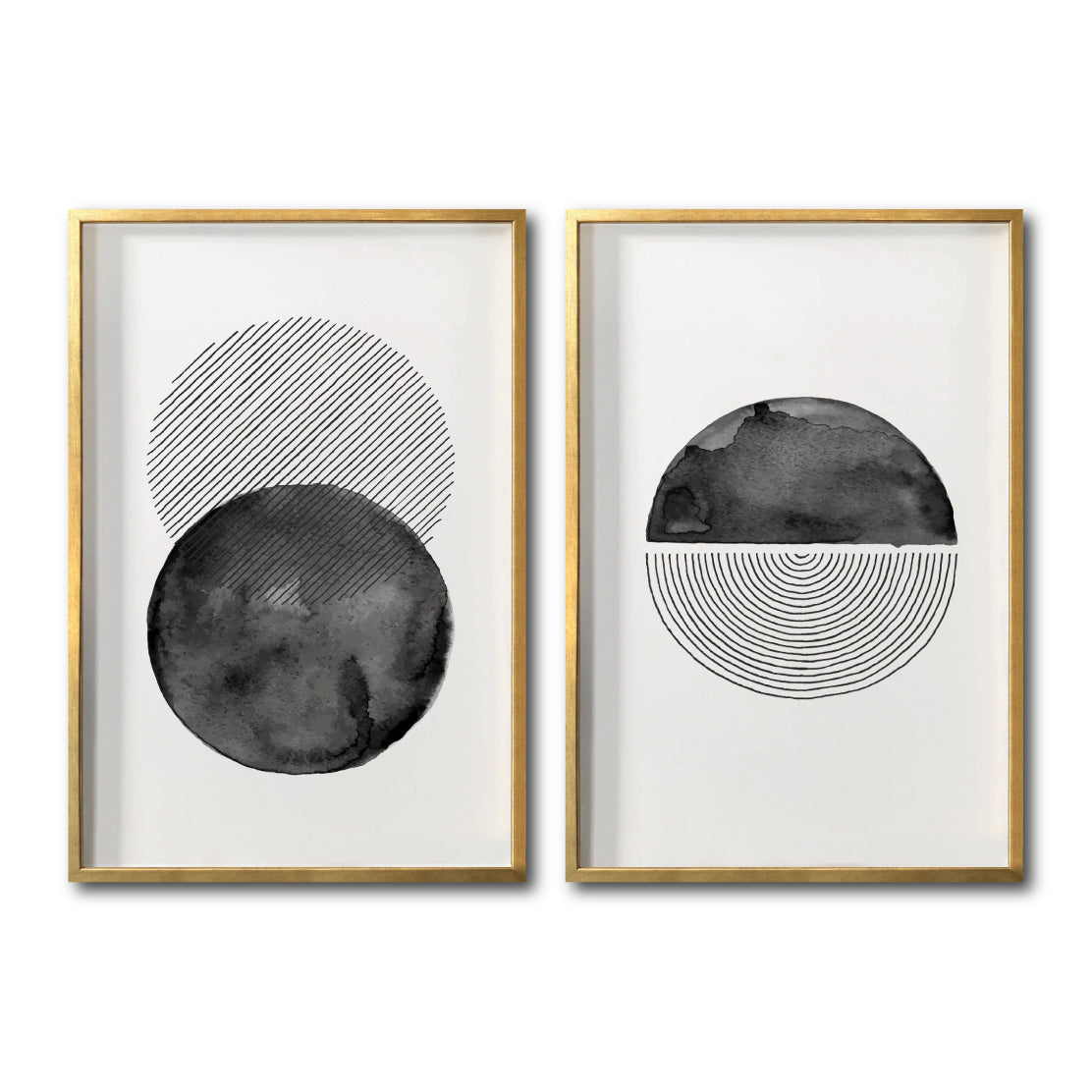 Set Cuadros Decorativos Abstracto Negro Arena 046 - Arte Geométrico Círculos en Negro Estilo Boho Minimalista-Para Sala