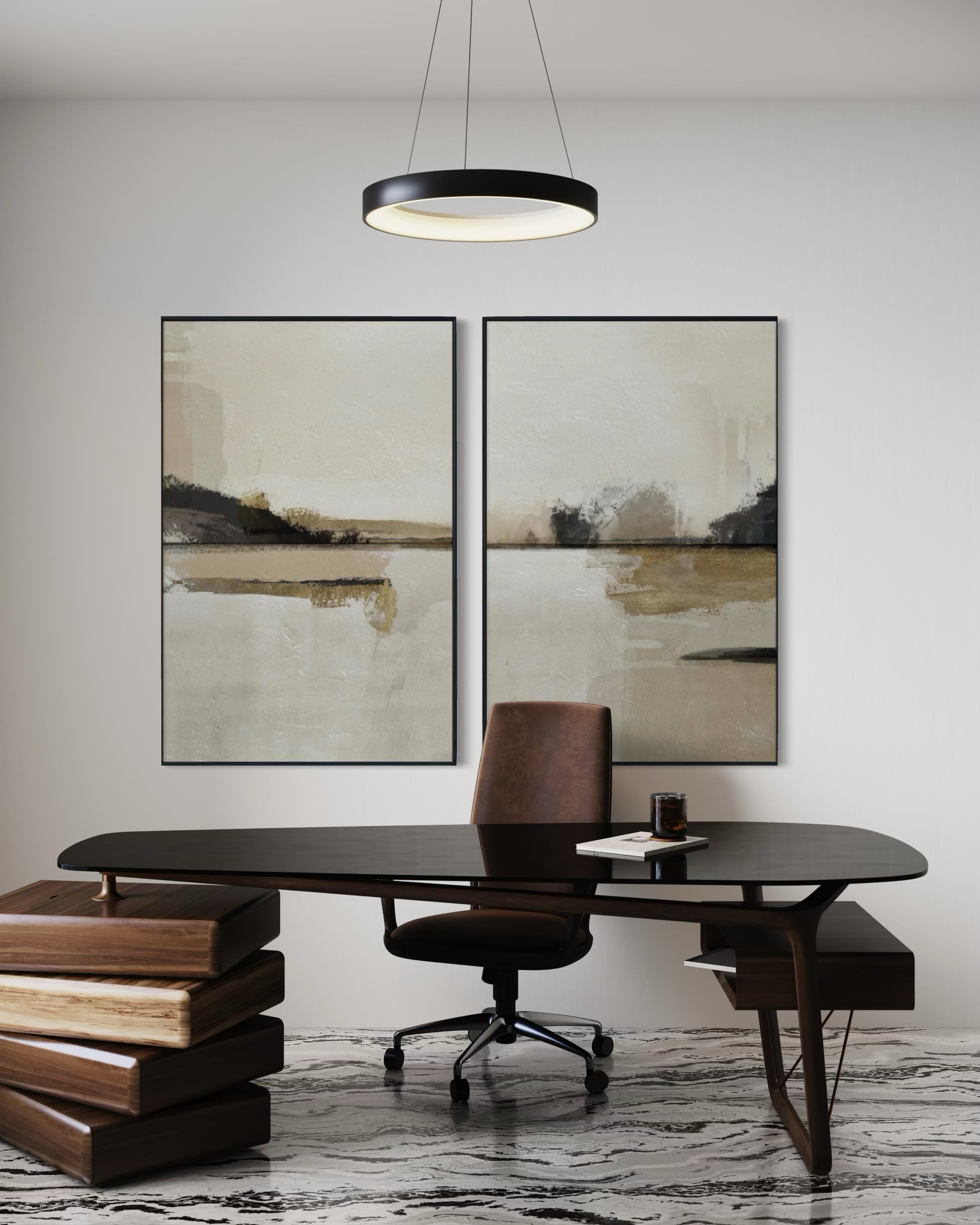 Set Cuadros Decorativos Abstracto Negro Arena 2 - 216 - Diptico Minimalista Arte Moderno y Elegante Tonos Beige y Negro