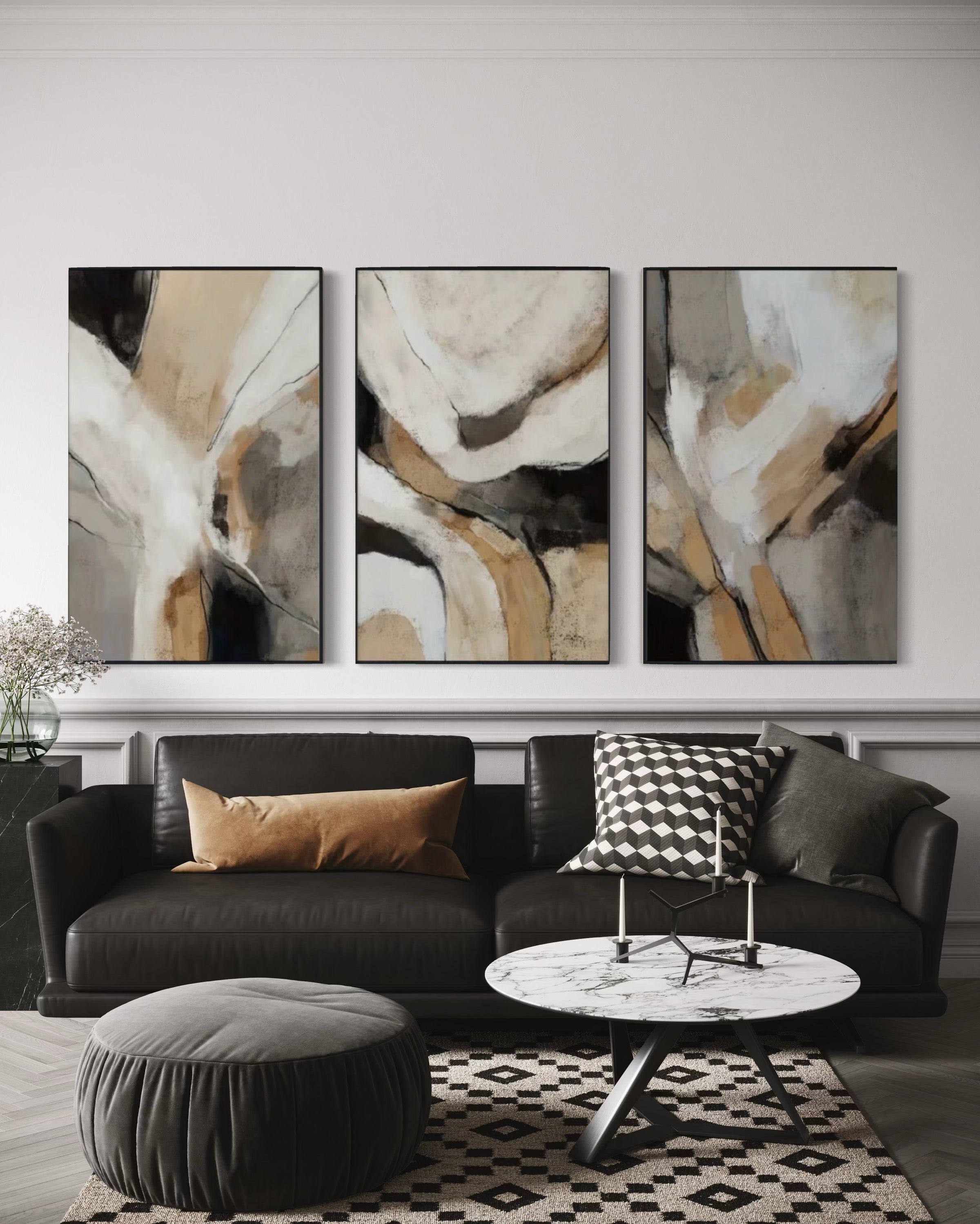 Set Cuadros Decorativos Abstracto Negro Arena 2 - 206 - Triptico Minimalista Arte Moderno y Elegante Estilo Nordico en Tonos Neutros