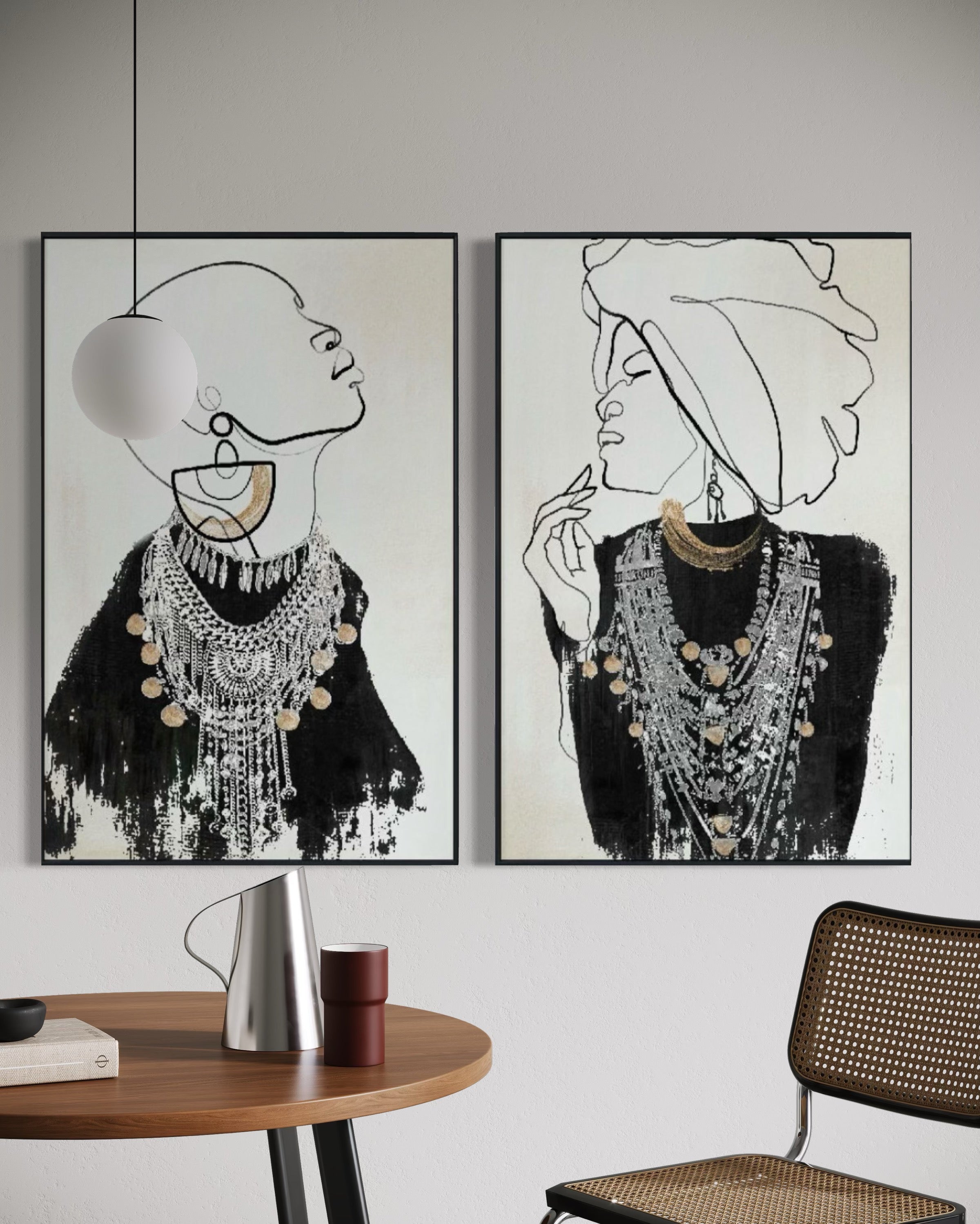 Set Cuadros Decorativos Abstracto Negro Arena 2 - 213 - Diptico Moderno Estilo Boho Mujeres Afro Arte Lineal En tonos Neutros y un toque de Dorado  Oro
