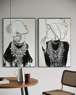 Cargar imagen en el visor de la galería, Set Cuadros Decorativos Abstracto Negro Arena 2 - 213 - Diptico Moderno Estilo Boho Mujeres Afro Arte Lineal En tonos Neutros y un toque de Dorado  Oro
