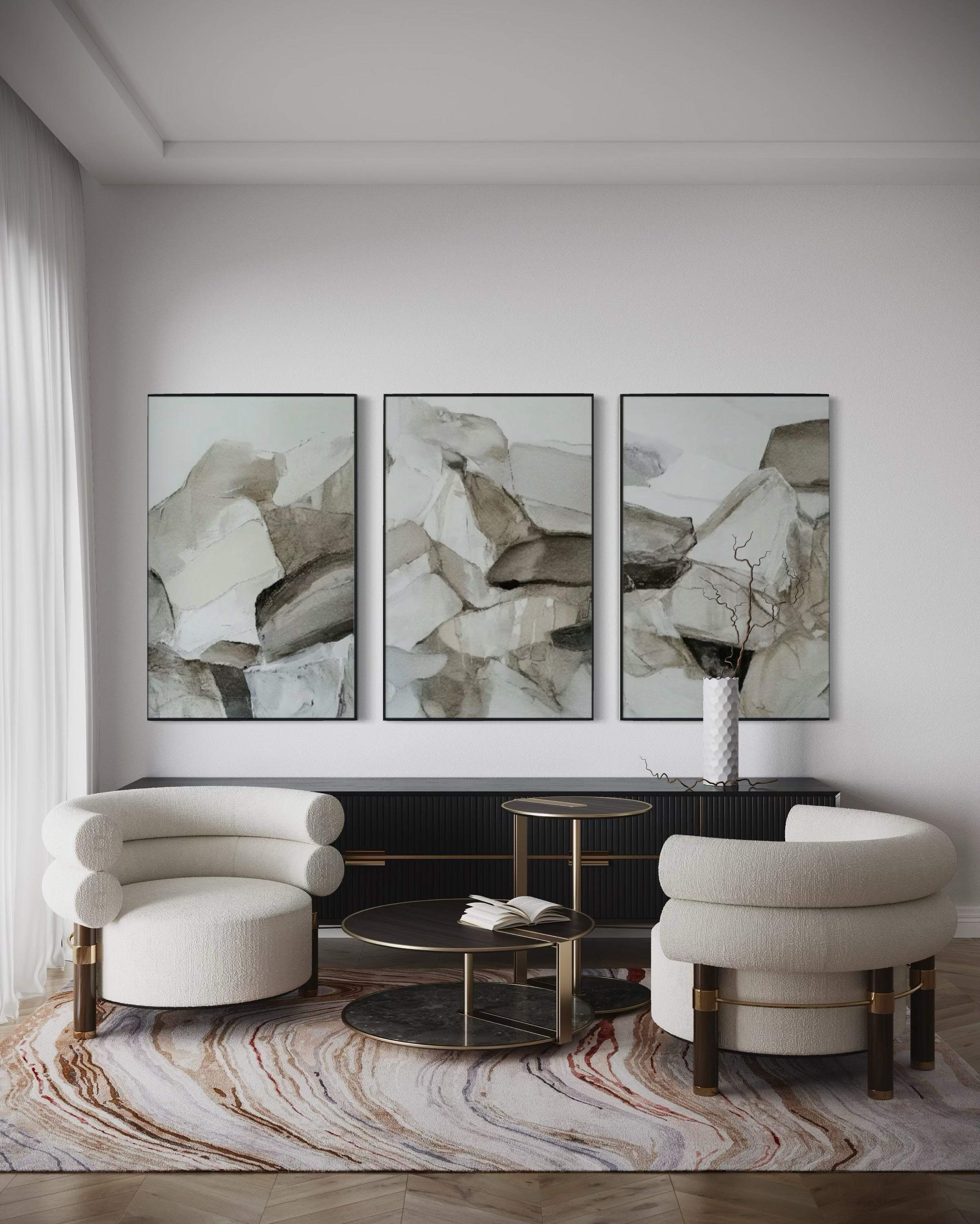 Set Cuadros Decorativos Abstracto Negro Arena 2 - 202 - Triptico Minimalista Estilo Boho Arte Nordico en Tonos Neutros