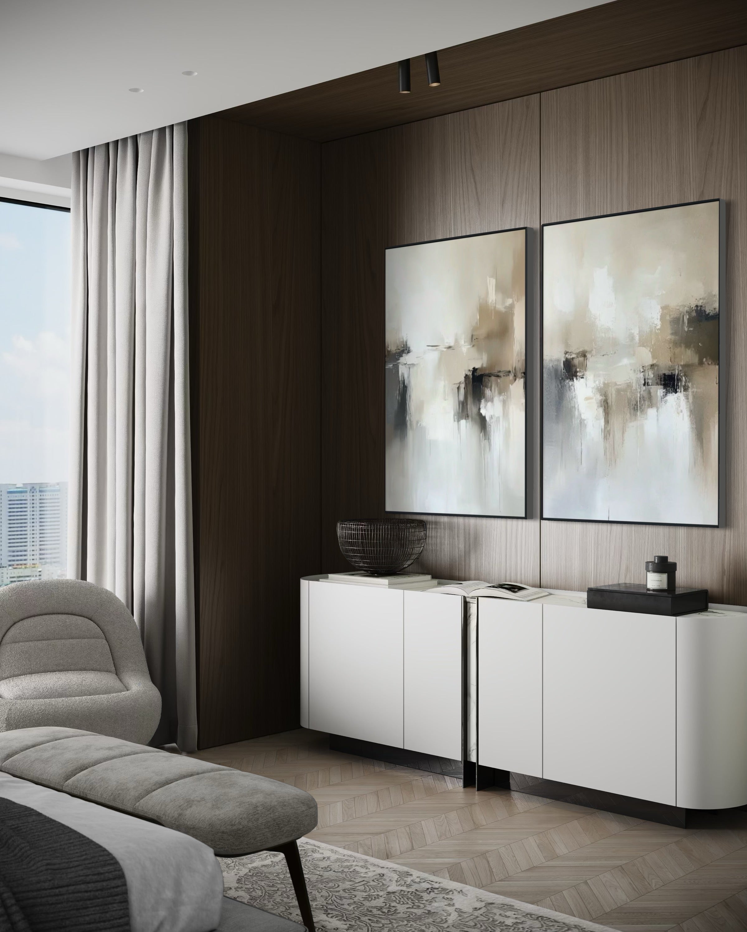 Set Cuadros Decorativos Abstracto Negro Arena 2 - 201 - Diptico Minimalista Estilo Nordico en Tonos Neutros