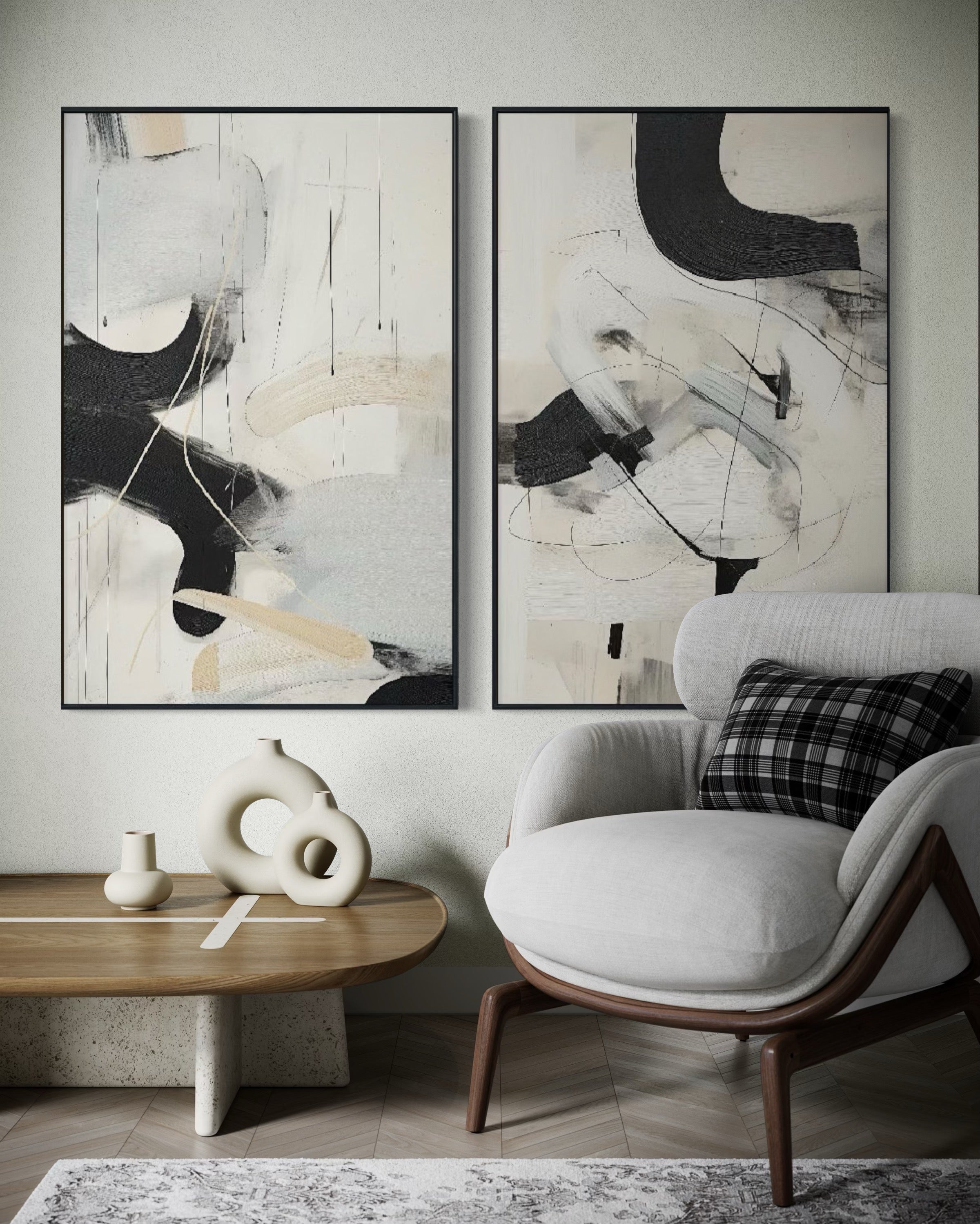 Set Cuadros Decorativos Abstracto Negro Arena 2 - 221 - Diptico Moderno Arte Minimalista Estilo Nordico Tonos Neutros