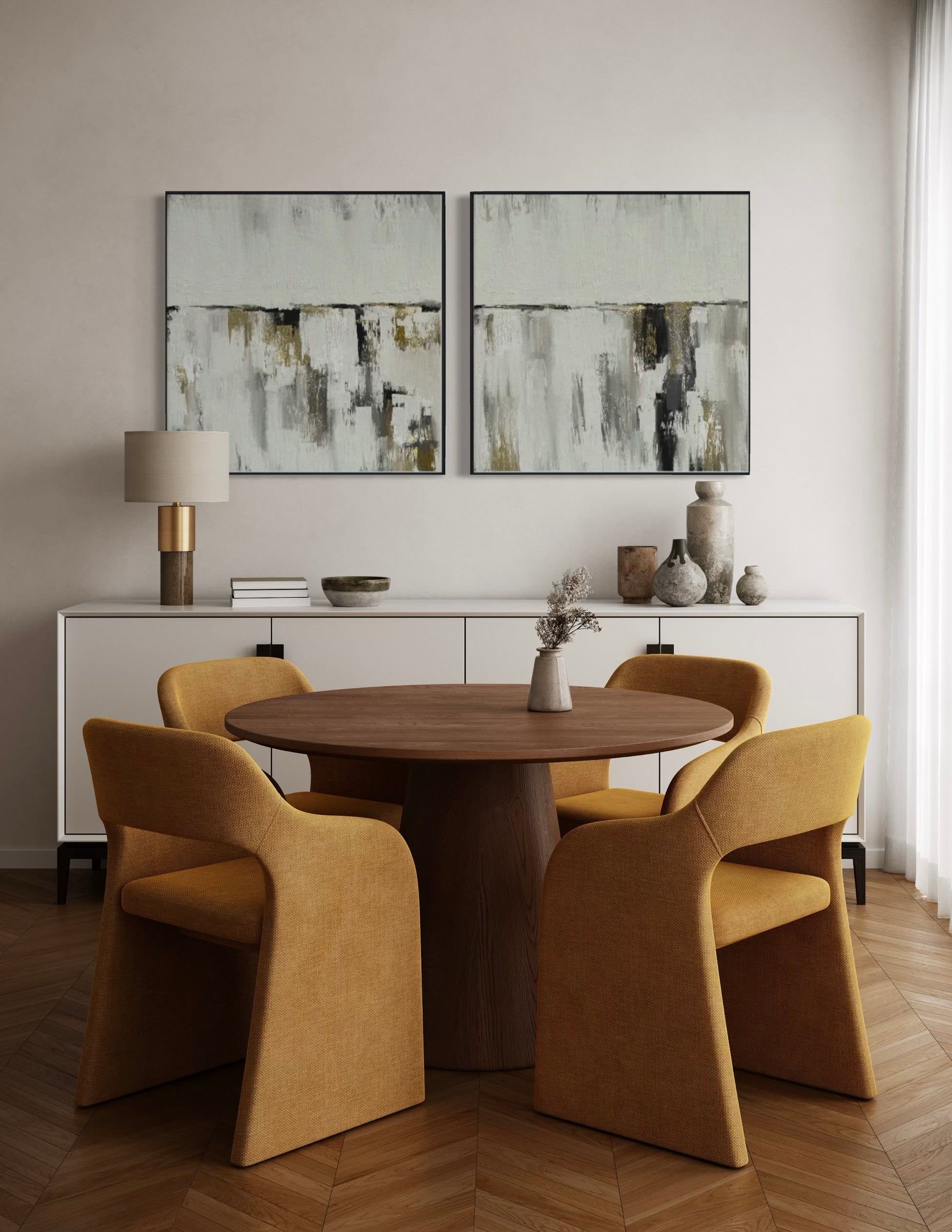 Set Cuadros Decorativos Abstracto Negro Arena 2 - 203 - Diptico Moderno y Minimalista Estilo Nordico en Tonos Neutros y un toque de Dorado Oro