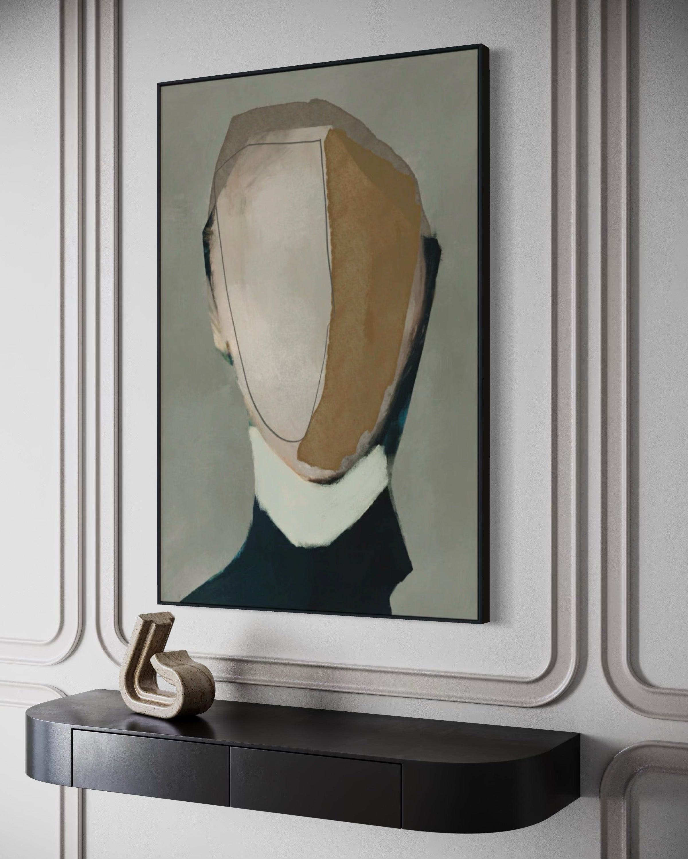 Cuadro Decorativo Abstracto Negro Arena 2-233 Rostro Modernos Cara Minimalista en Tonos Neutros