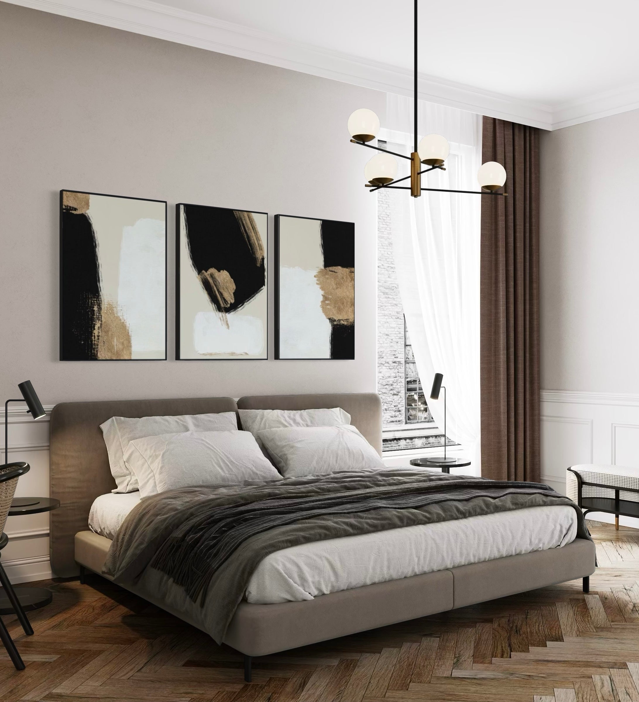 Set Cuadros Decorativos Abstracto Negro Arena 2 - 214 - Triptico Minimalista y Elegante Arte estilo Nordico en Tonos Beige, Negro, Blanco y Dorado Oro