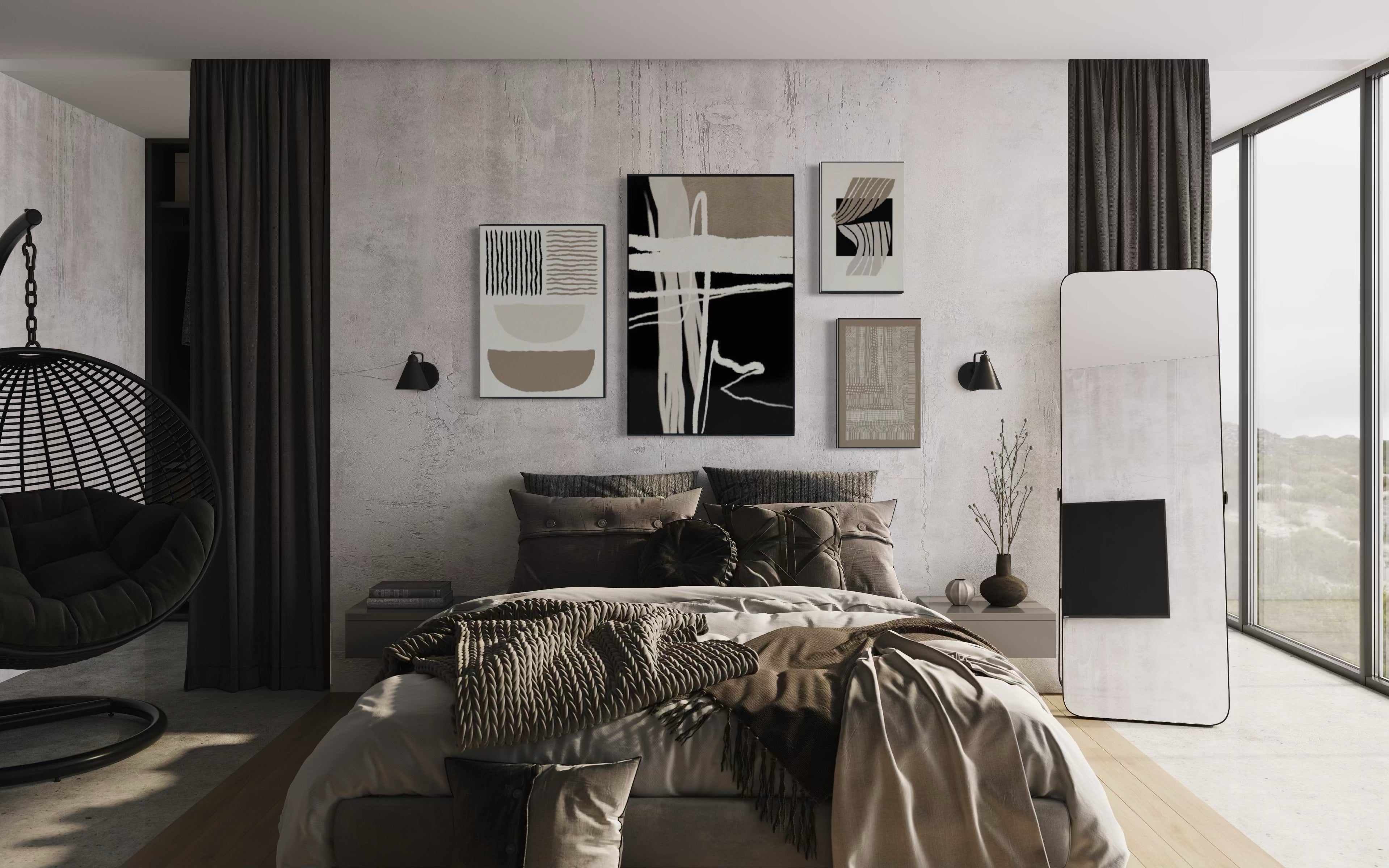 Set Cuadros Decorativos Abstracto Negro Arena 2-218 B - 4piezas Minimalistas Arte Moderno Estilo Nordico en Tonos Neutros