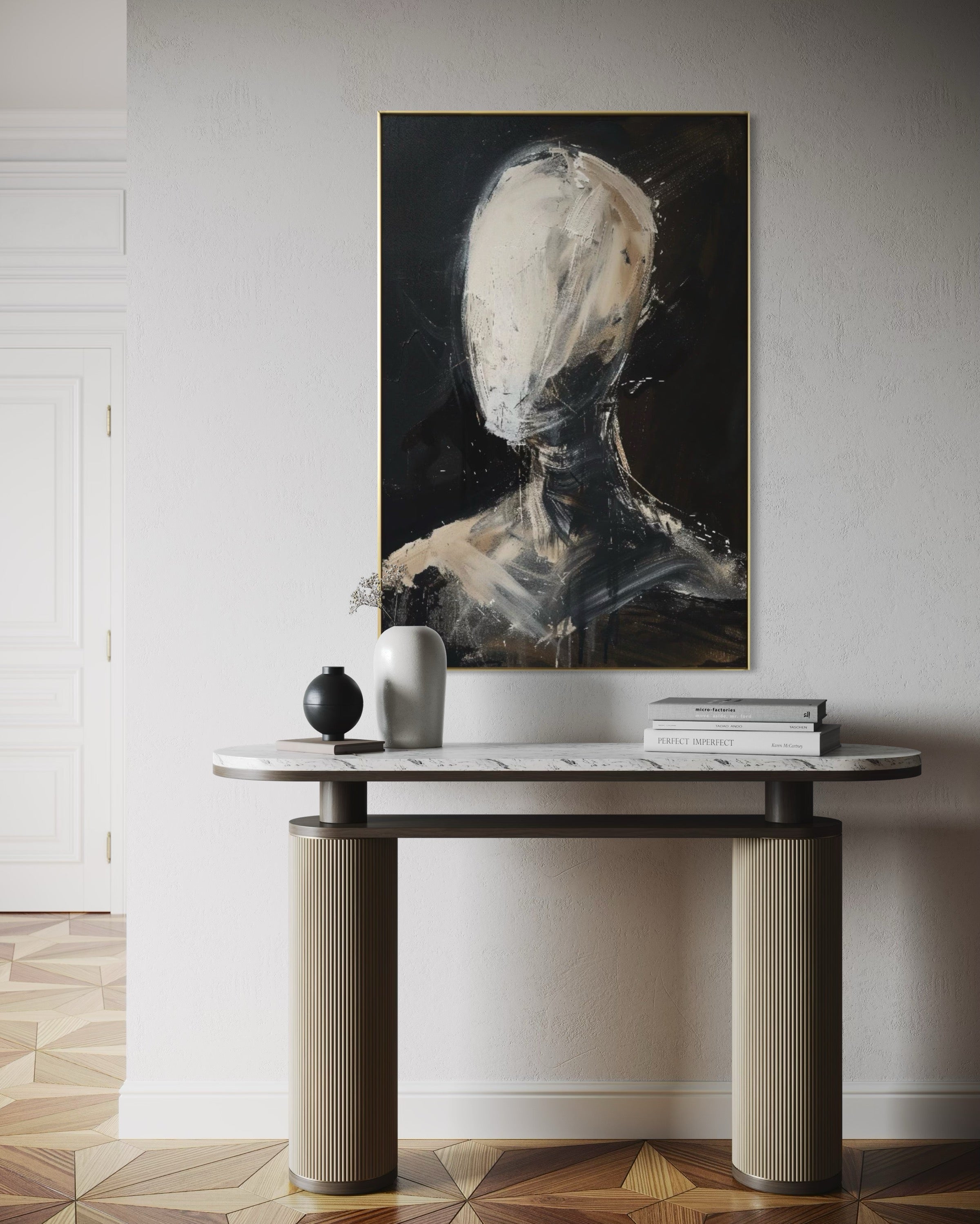 Cuadro Decorativo Abstracto Negro Arena 2-219 Rostro Moderno Arte Minimalista Cara en Beige y Negro Tonos Neutros