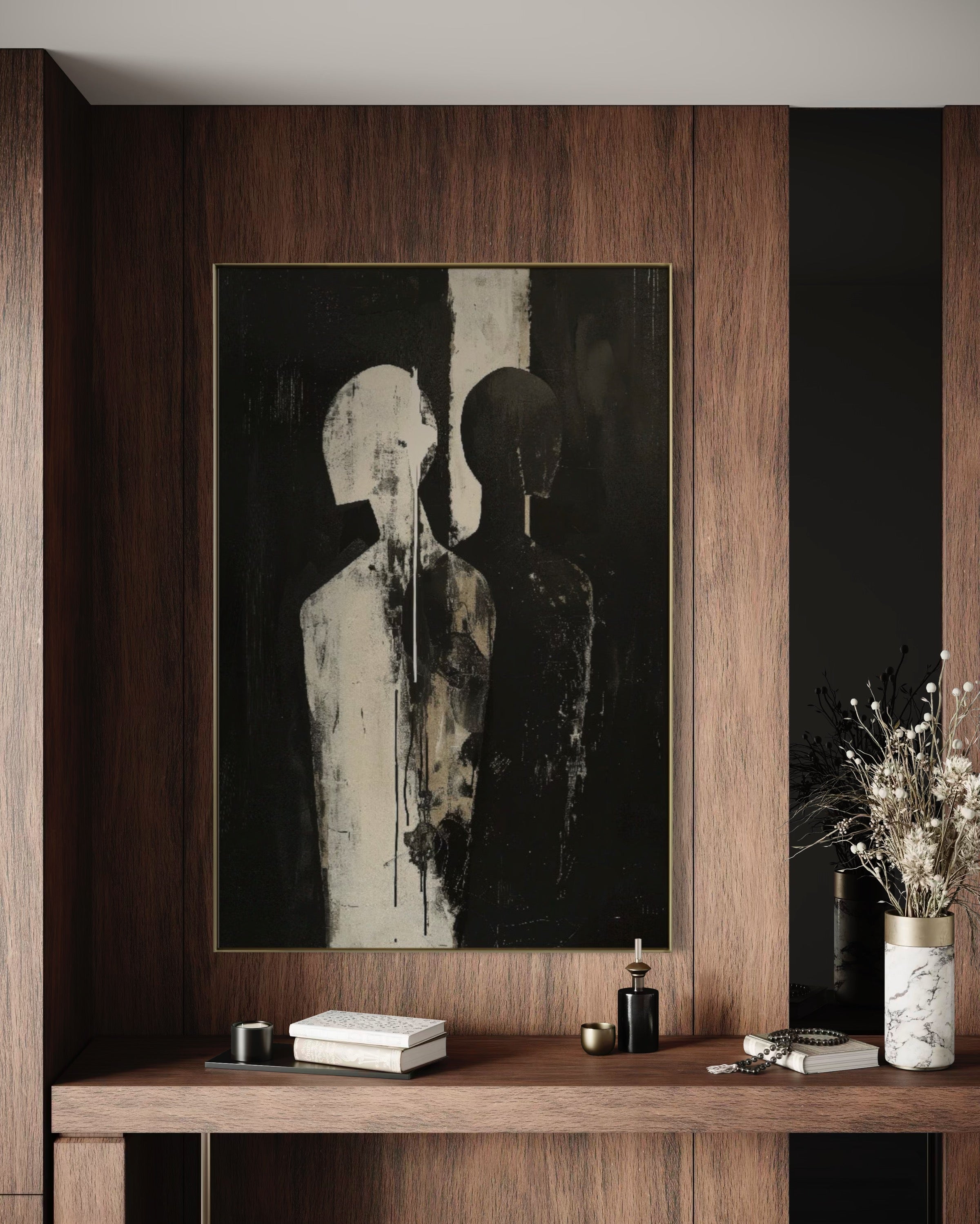 Cuadro Decorativo Abstracto Negro Arena 2-223 Siluetas Humanas Minimalistas Arte Moderno de Pareja Rostro en Negro y Beige Tonos Neutros