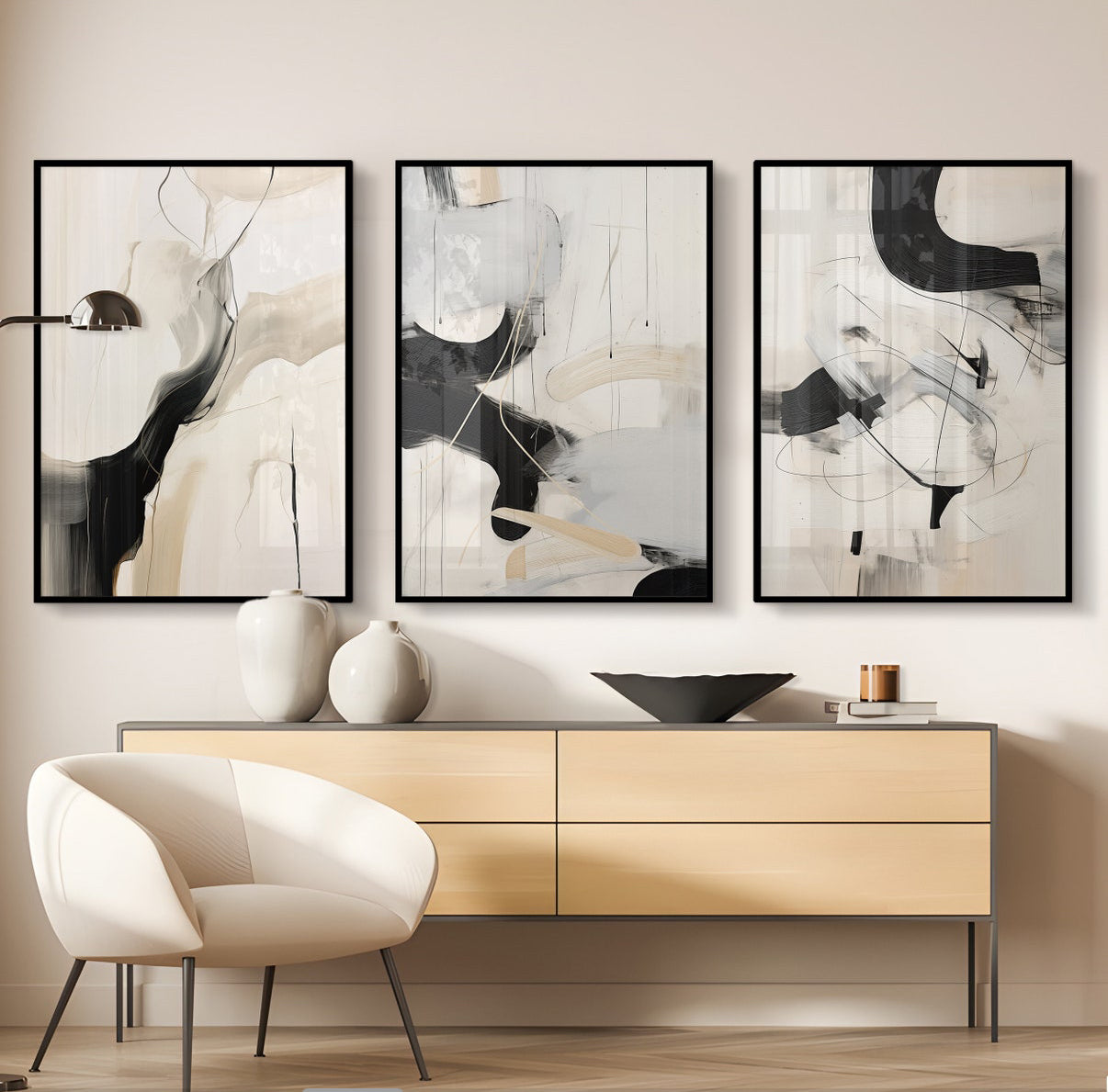 Set de 3 Cuadros Decorativos Abstracto Negro Arena 2 - 221 - Triptico Moderno y Minimalista Arte Elegante Estilo Nordico Tonos Neutros