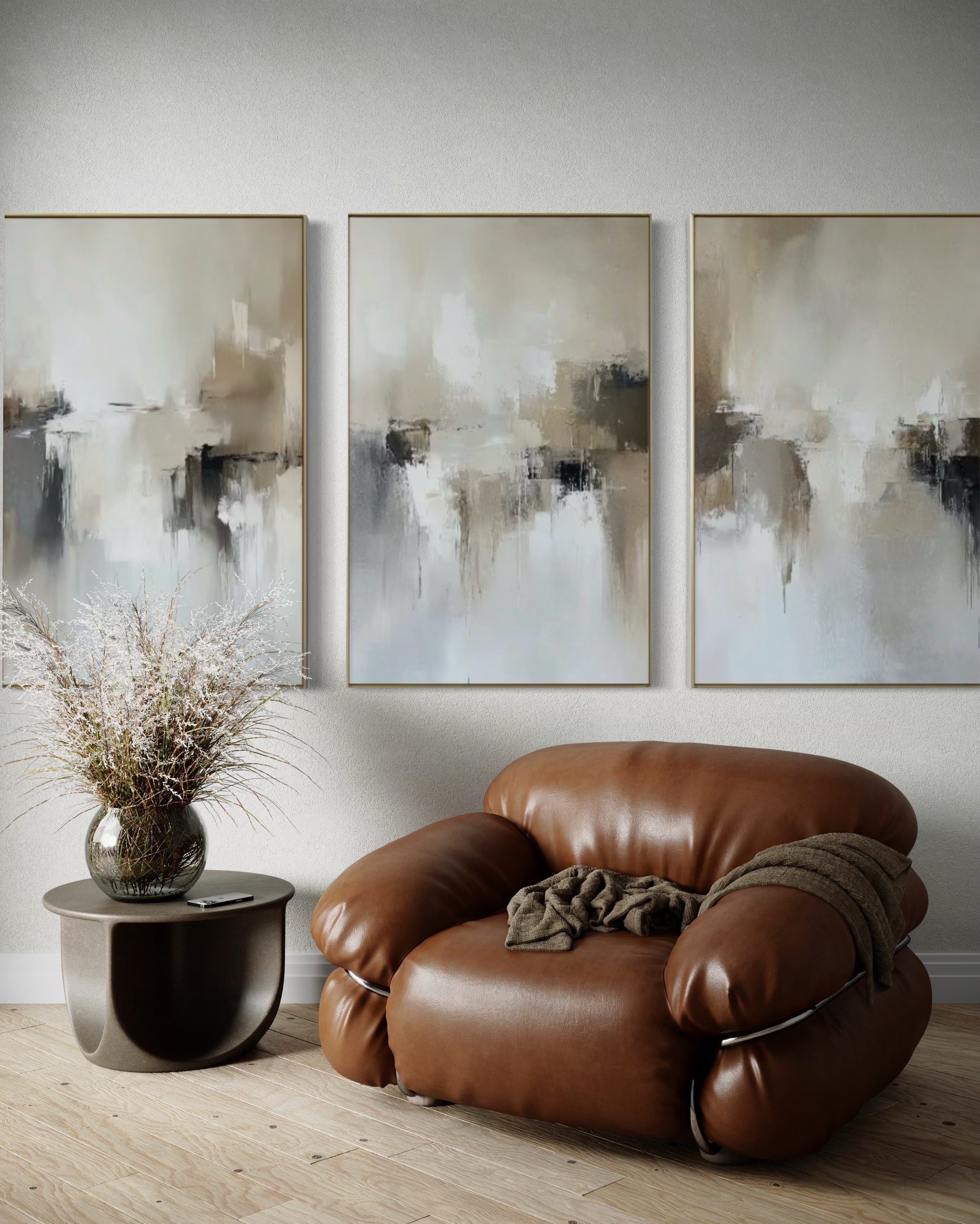 Set Cuadros Decorativos Abstracto Negro Arena 2 - 201 - Triptico Estilo Nordico Arte Moderno en Tonos Neutros