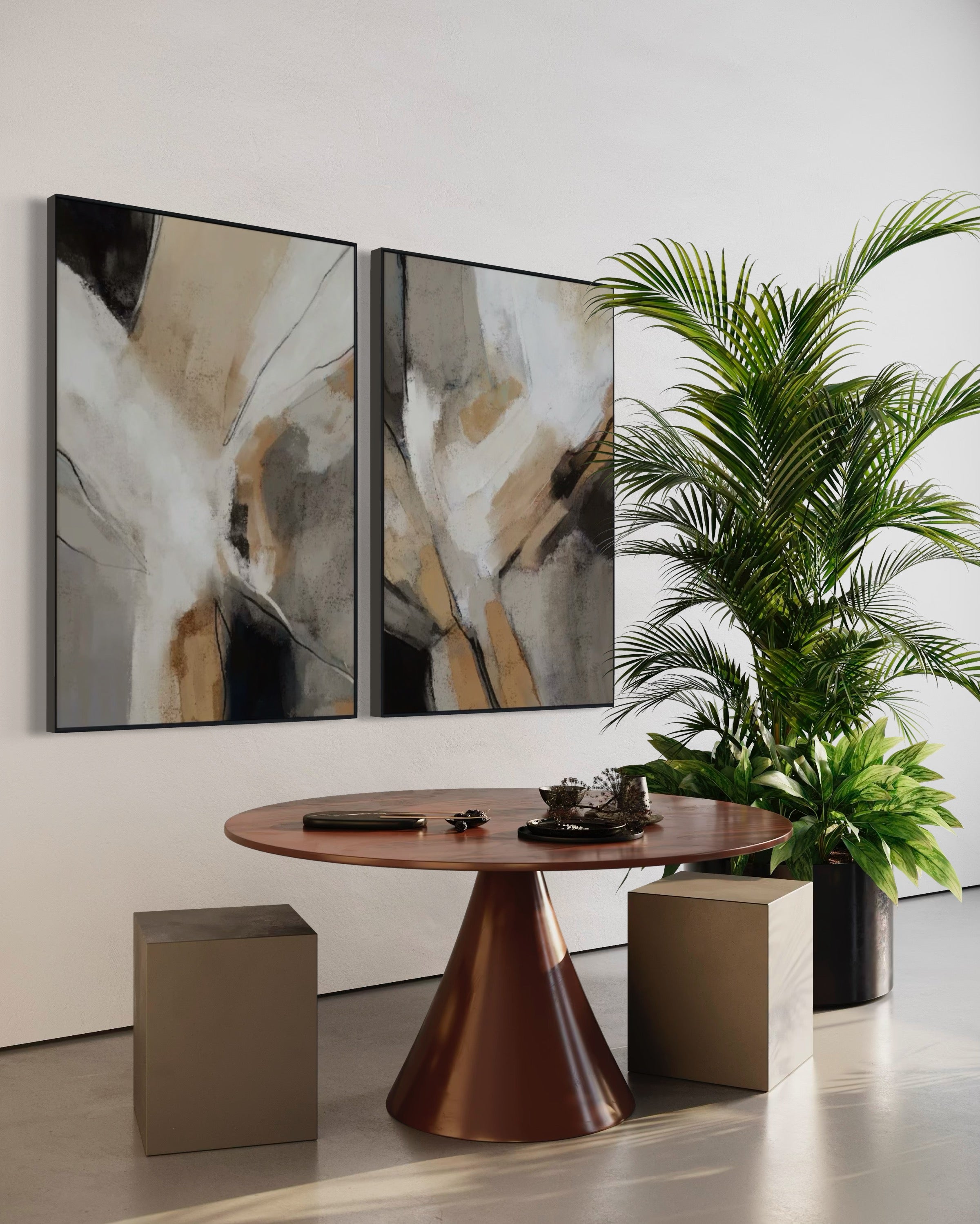 Set Cuadros Decorativos Abstracto Negro Arena 2 - 206 - Diptico Modernos Arte Minimalista estilo Boho en Tonos Neutros Cálidos