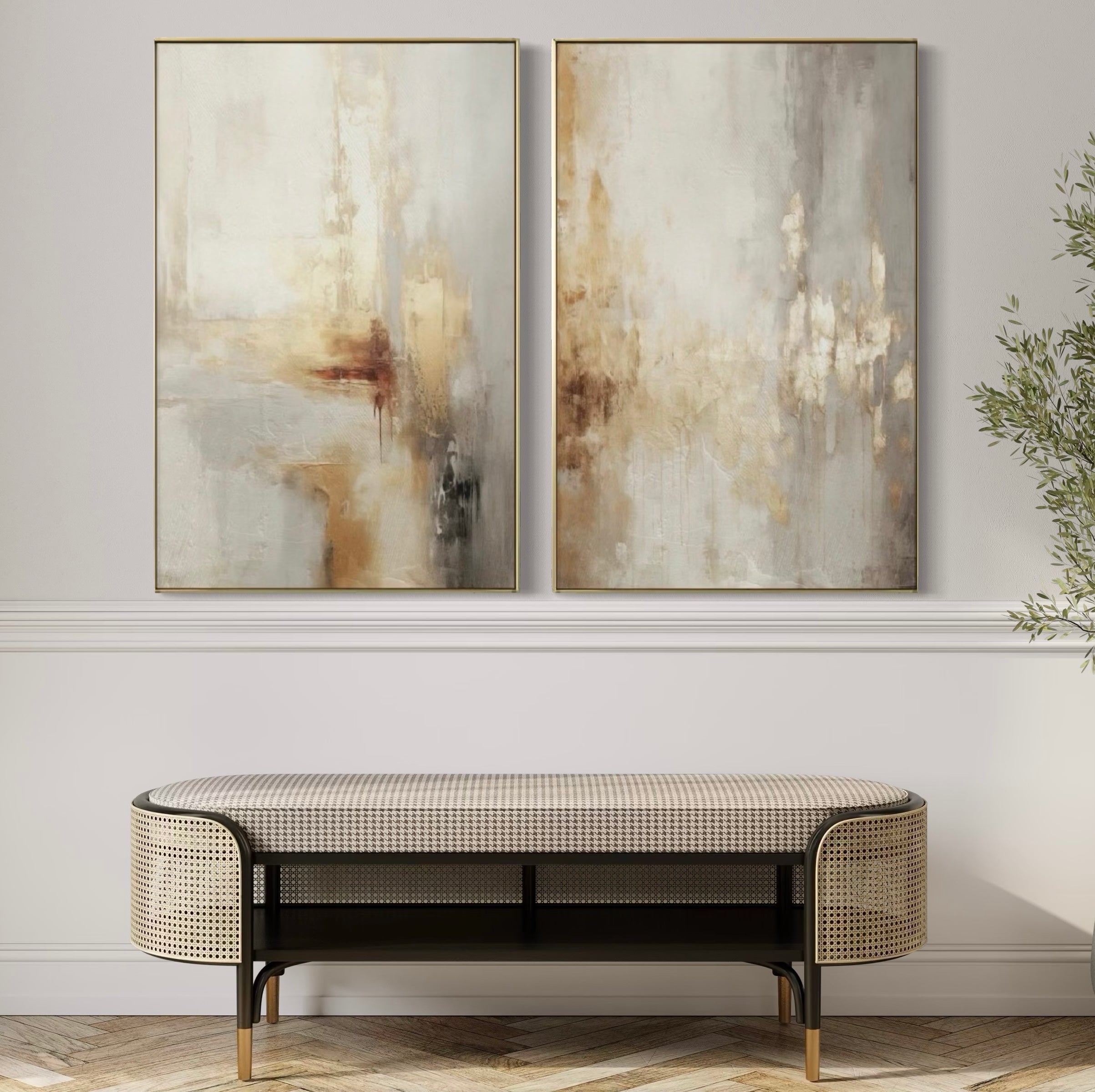 Set Cuadros Decorativos Abstracto Negro Arena 2 - 280 - Diptico Moderno y Elegante Arte Estilo Boho en Beige y Dorado Oro