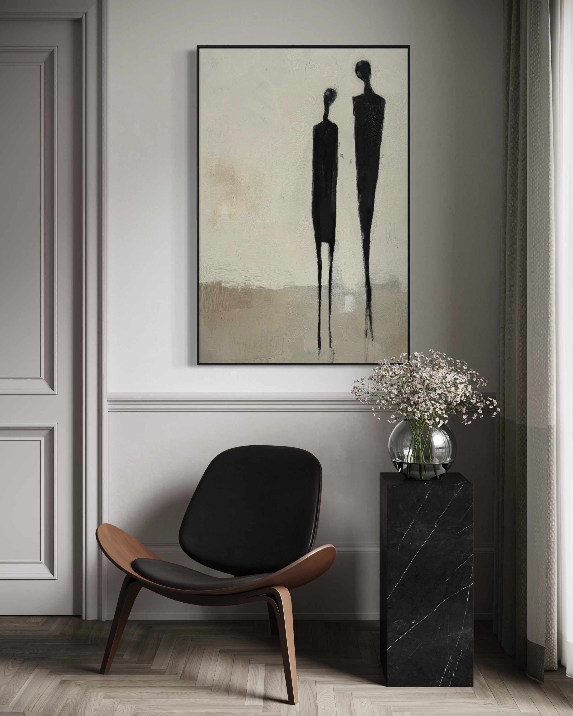 Cuadro Decorativo Abstracto Negro Arena 2- 225 Siluetas de Pareja Arte Moderno y Minimalista en Tonos Neutros