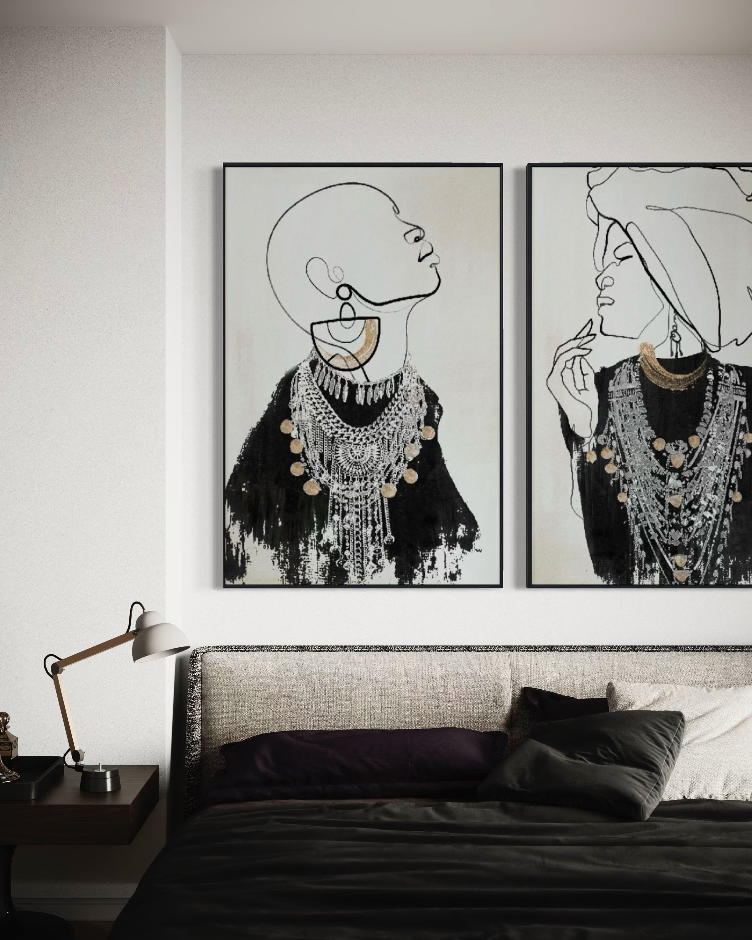 Set Cuadros Decorativos Abstracto Negro Arena 2 - 213 - Diptico Moderno Estilo Boho Mujeres Afro Arte Lineal En tonos Neutros y un toque de Dorado  Oro