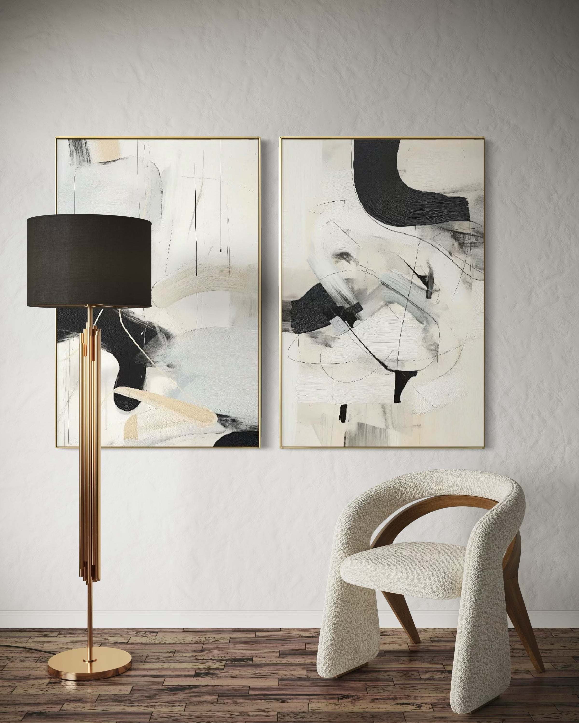 Set Cuadros Decorativos Abstracto Negro Arena 2 - 221 - Diptico Moderno Arte Minimalista Estilo Nordico Tonos Neutros