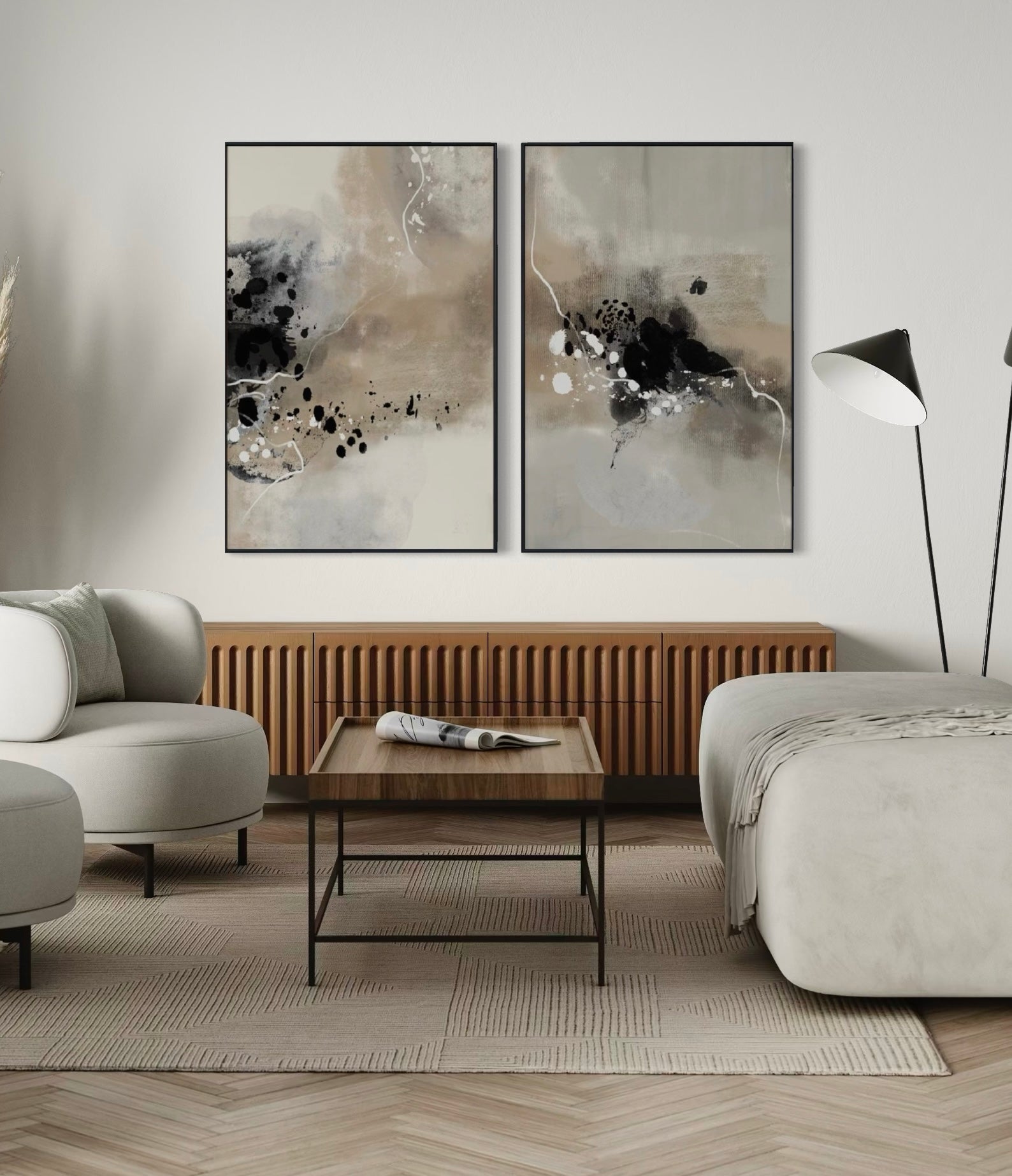 Set Cuadros Decorativos Abstracto Negro Arena 2-236 - Diptico Moderno Estilo Nordico en Tonos Nutros