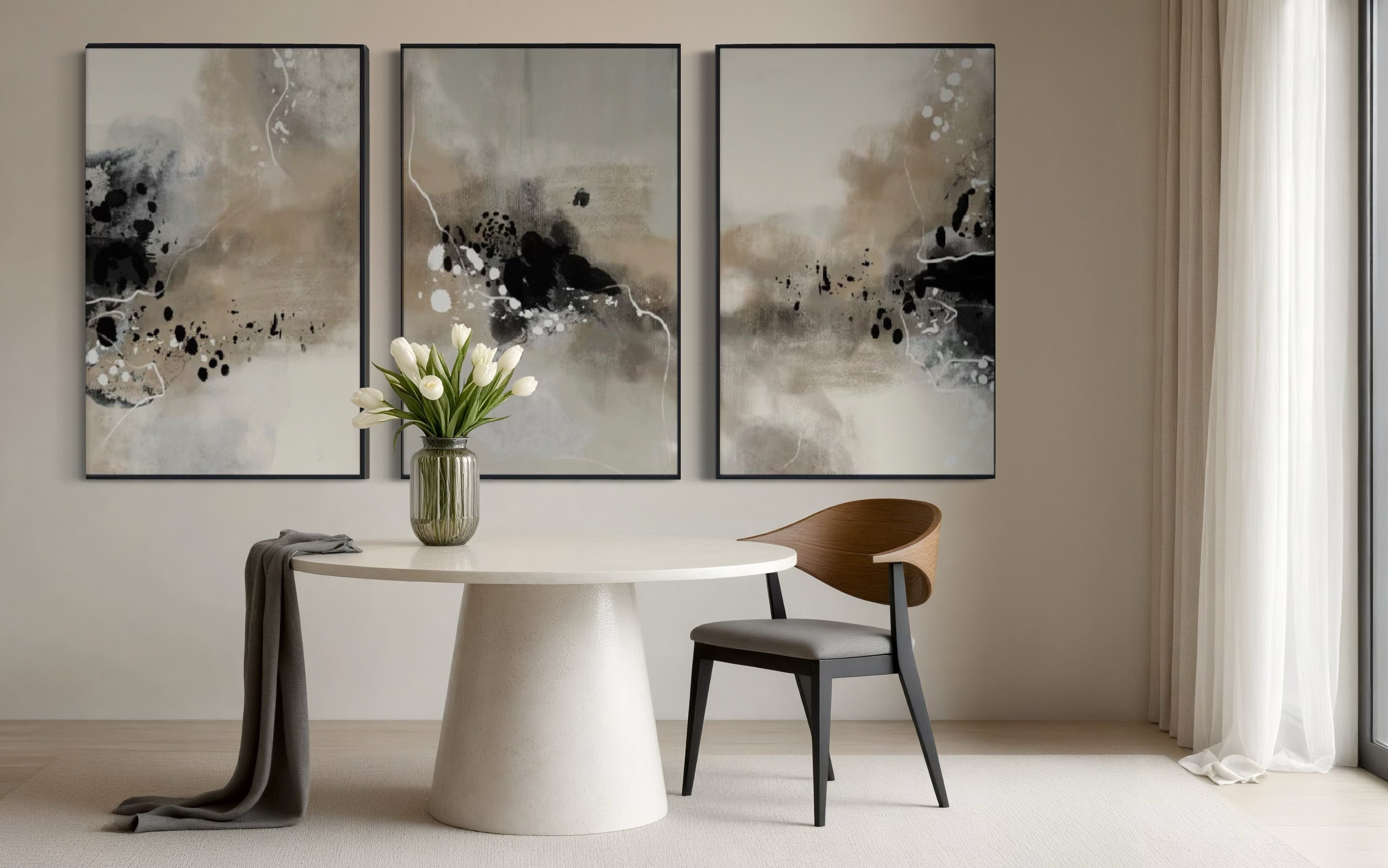 Set Cuadros Decorativos Abstracto Negro Arena 2-236- Tríptico Modernos y Elegante Estilo Boho en Tonos Neutros