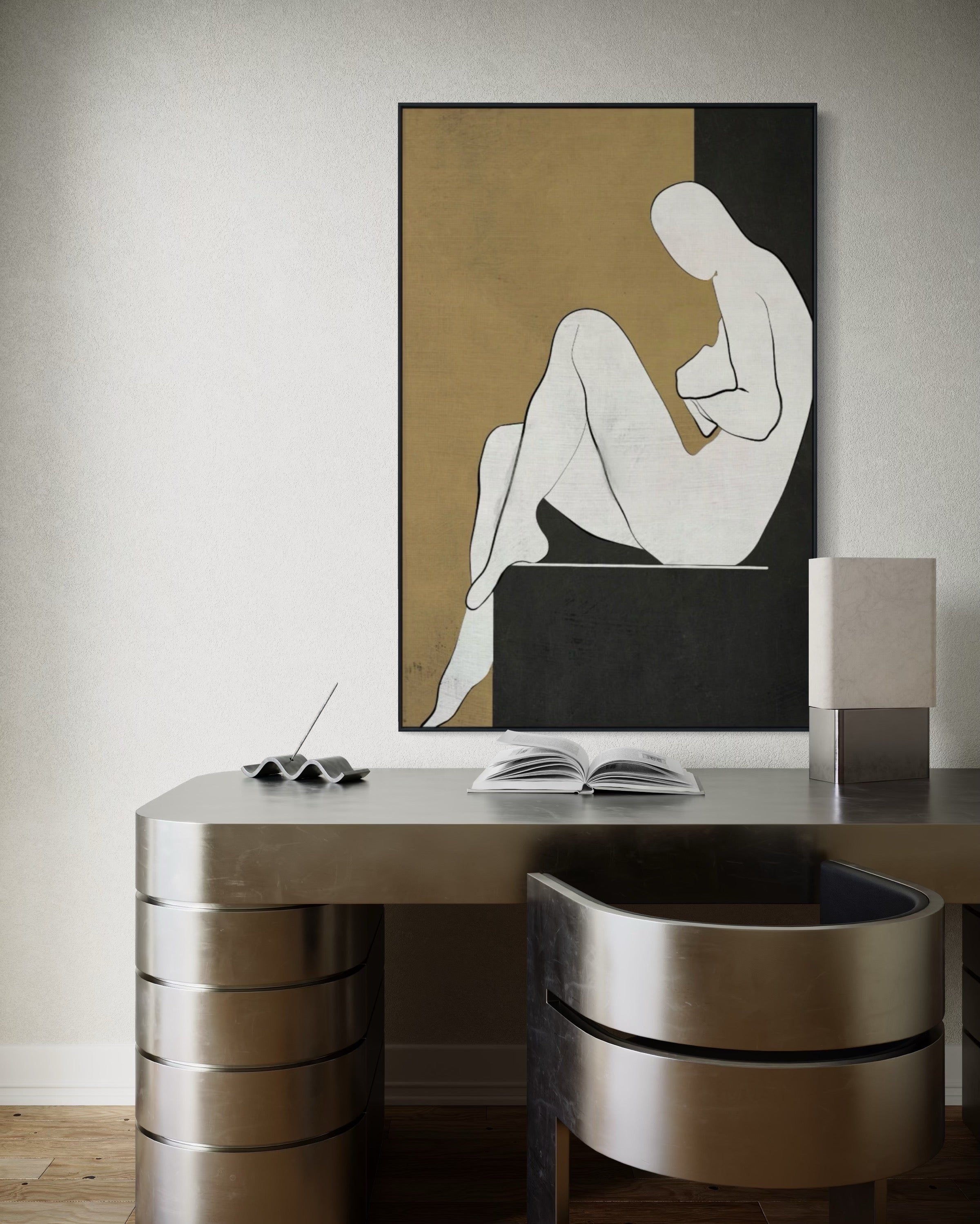 Cuadro Decorativo Abstracto Negro Arena 2-240 Silueta Femenina Arte Moderno y Minimalista Estilo Boho en Tonos Neutros