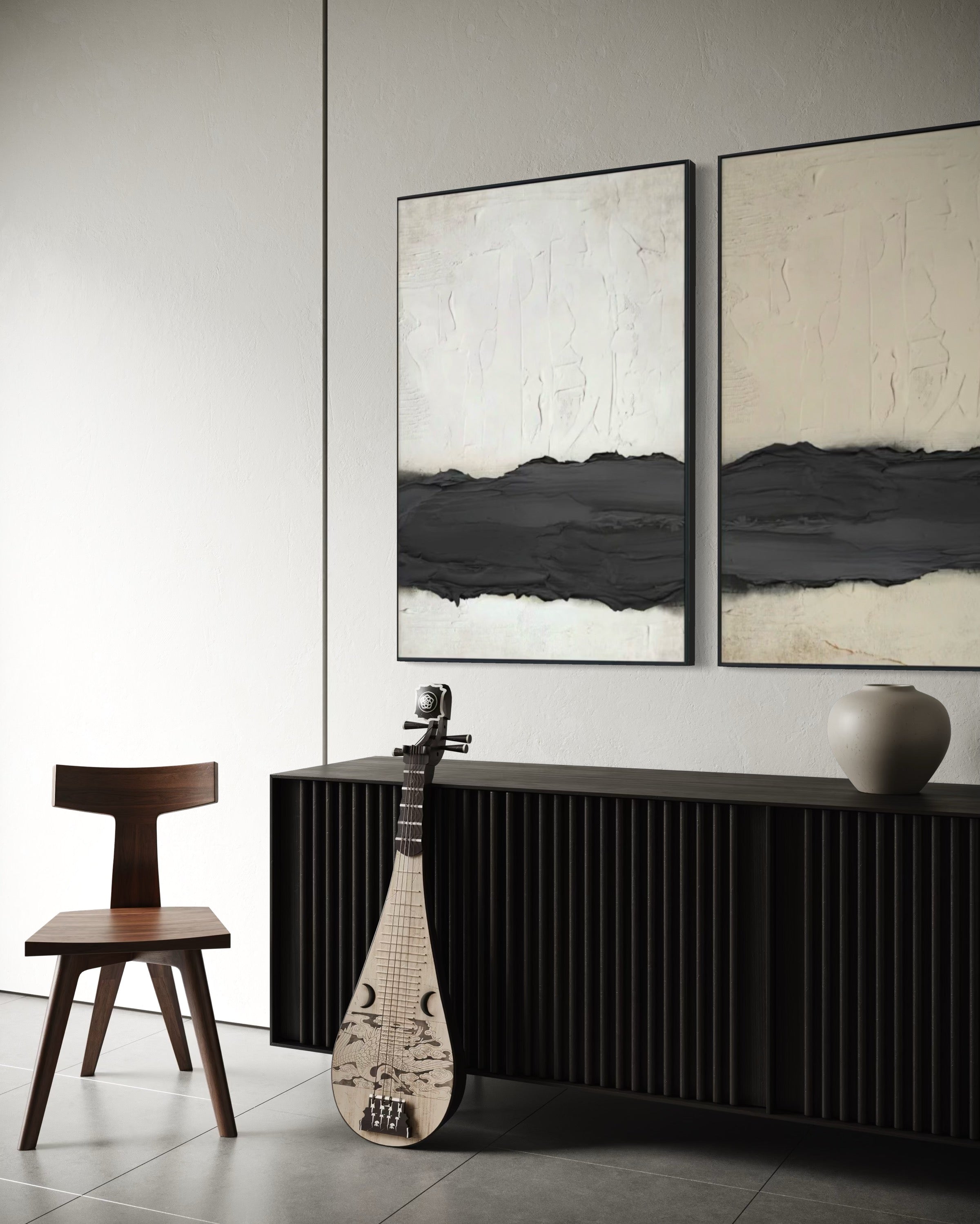 Set Cuadros Decorativos Abstracto Negro Arena 2-241 - Diptico Moderno y Minimalista Arte Estilo Nordico Tonos Neutros