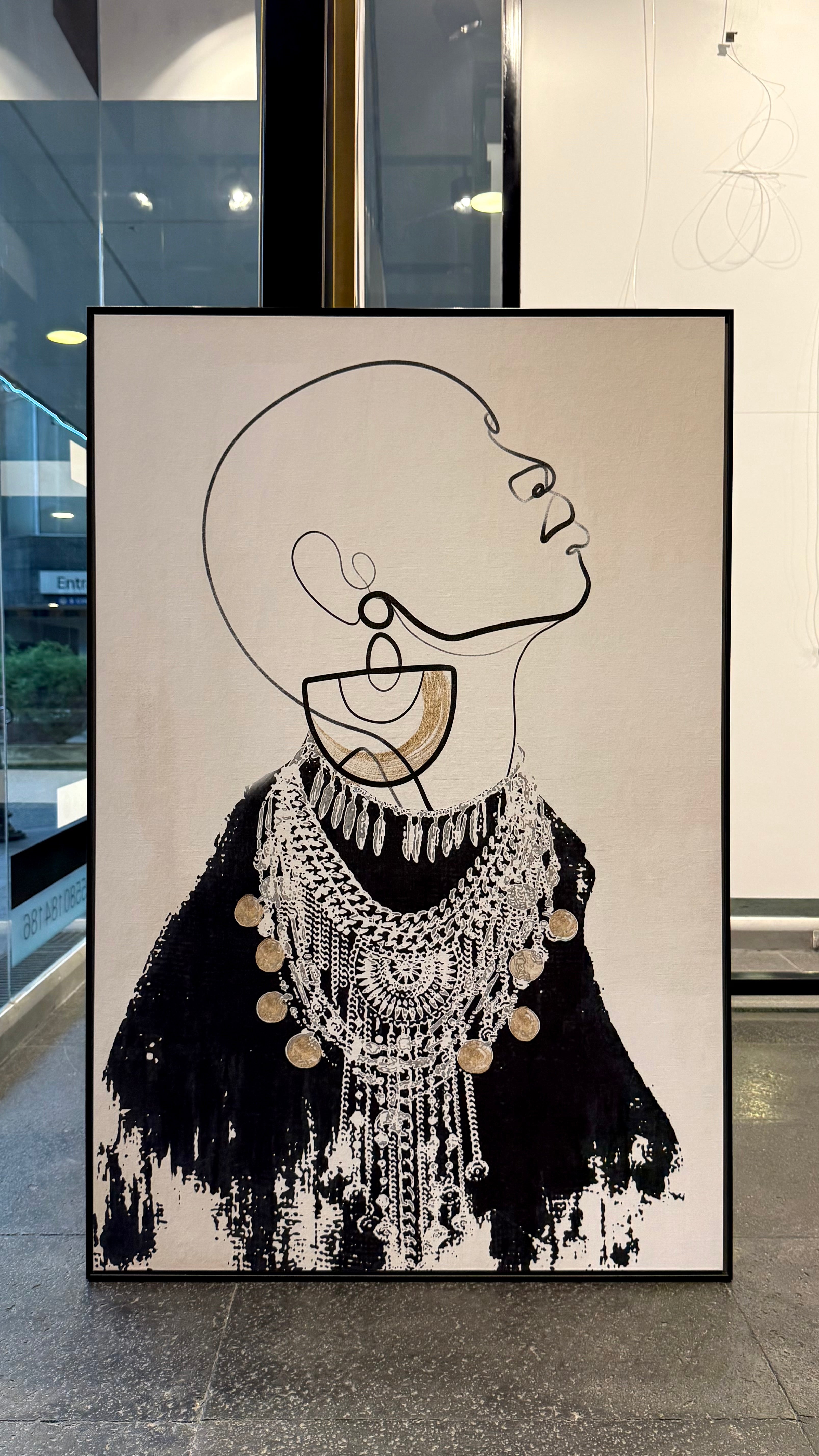 Set Cuadros Decorativos Abstracto Negro Arena 2 - 213 - Diptico Moderno Estilo Boho Mujeres Afro Arte Lineal En tonos Neutros y un toque de Dorado  Oro