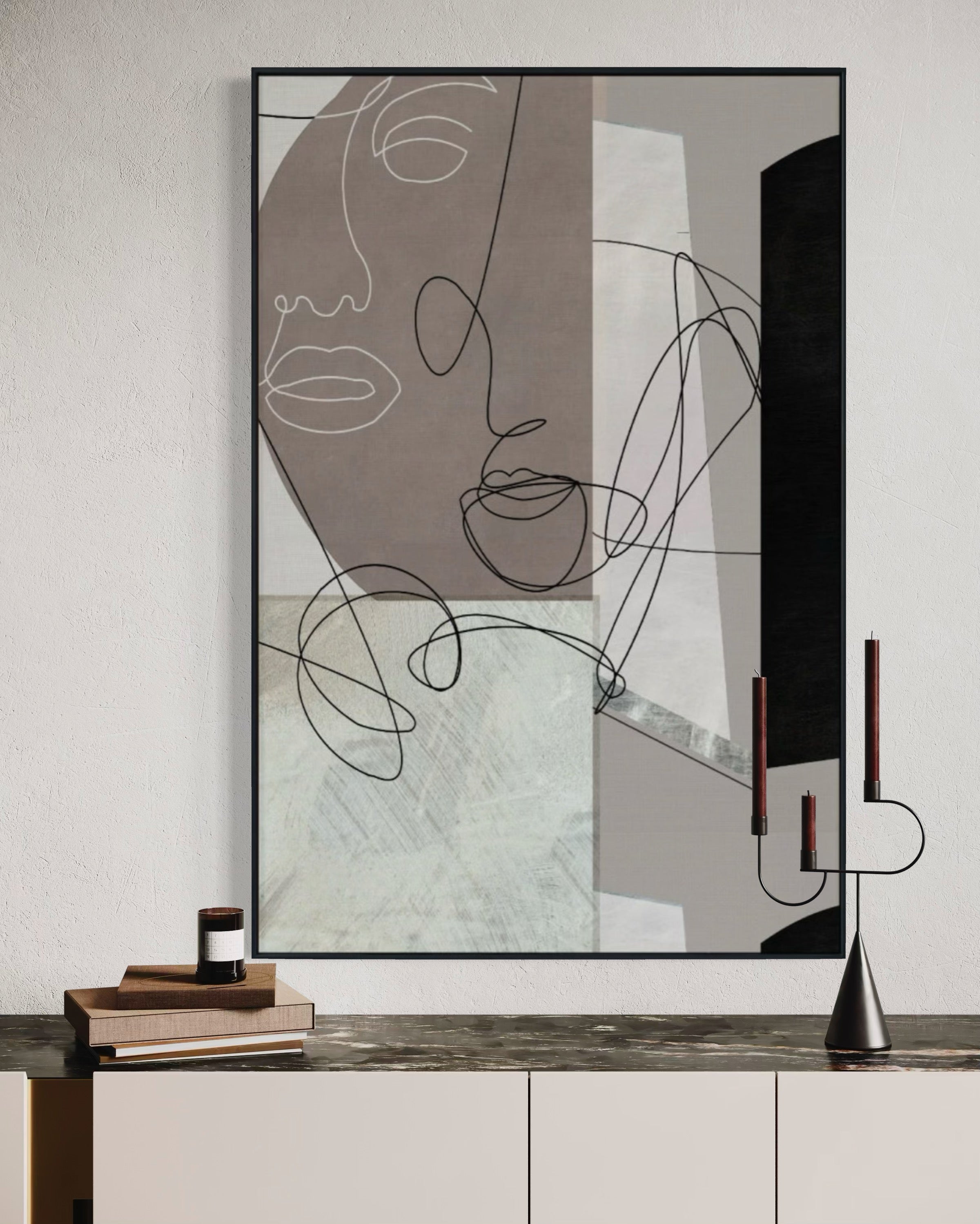 Cuadro Decorativo Abstracto Negro Arena 244 Silueta Rostros Femeninos Arte Lineal Moderno y Minimalista Nordico Tonos Neutros