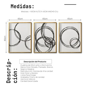 Set 3 Cuadros Decorativos Abstracto Negro Arena 051 - Estilo Boho Minimalista Trazos Circulares