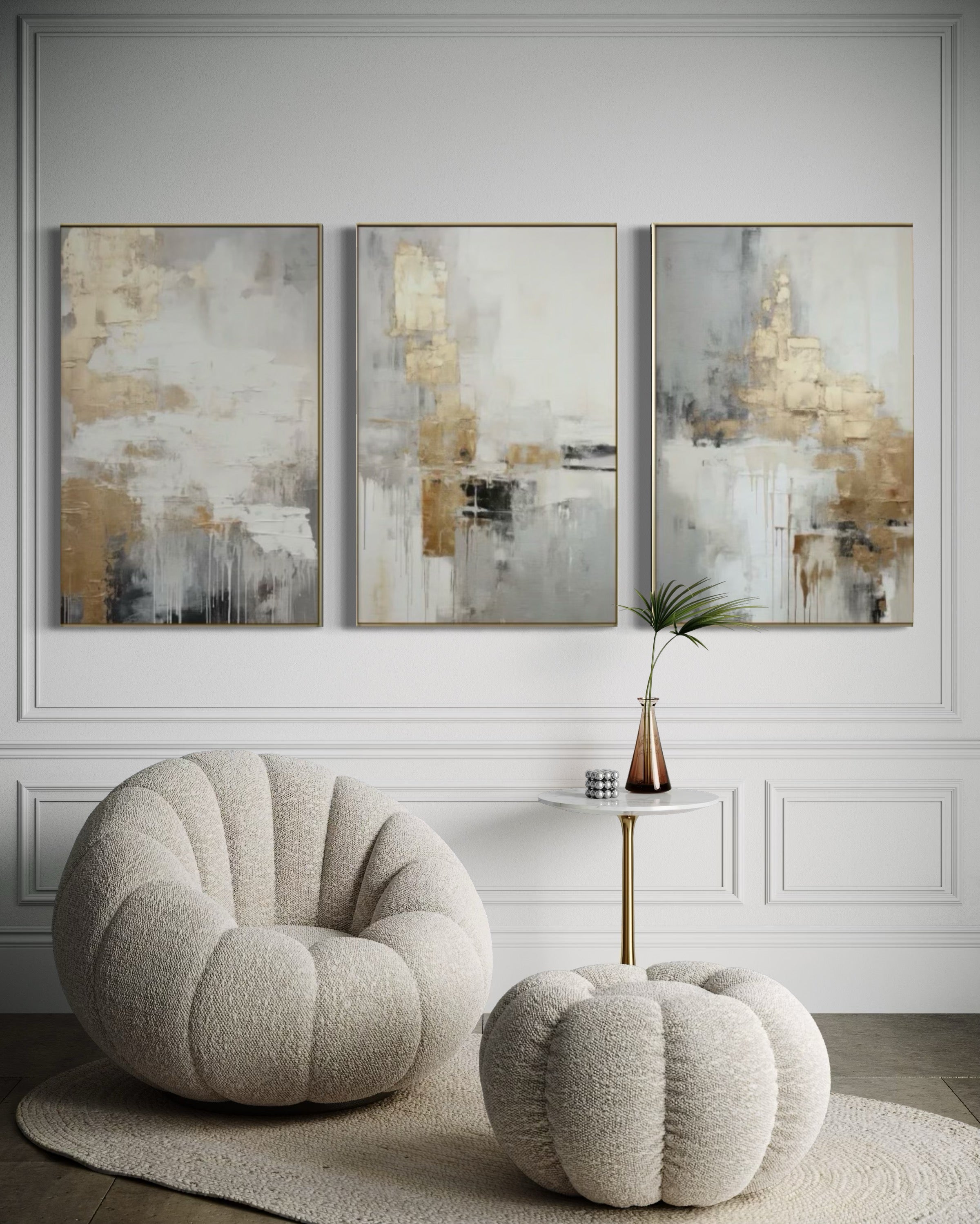 Set Cuadros Decorativos Abstracto Negro Arena 2-271 -Triptico  Moderno y Elegante en Tonos Negro, Gris, Beige y Dorado Oro