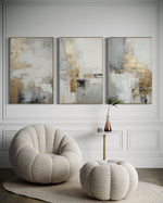 Cargar imagen en el visor de la galería, Set Cuadros Decorativos Abstracto Negro Arena 2-271 -Triptico  Moderno y Elegante en Tonos Negro, Gris, Beige y Dorado Oro
