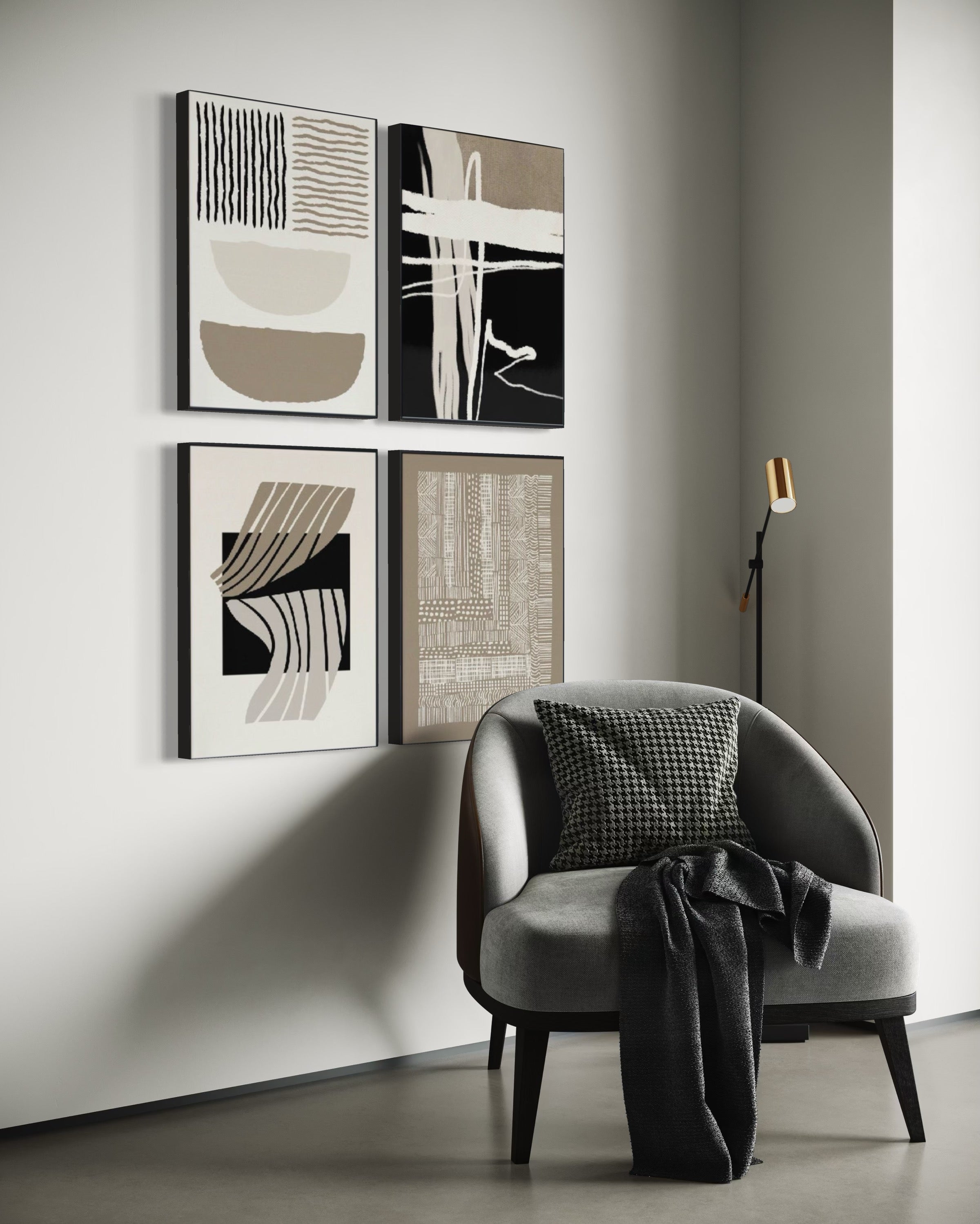 Set Cuadros Decorativos Abstracto Negro Arena 2 - 218 C - 4piezas Arte Moderno y Minimalista Estilo Boho Nordico Tonos Neutros