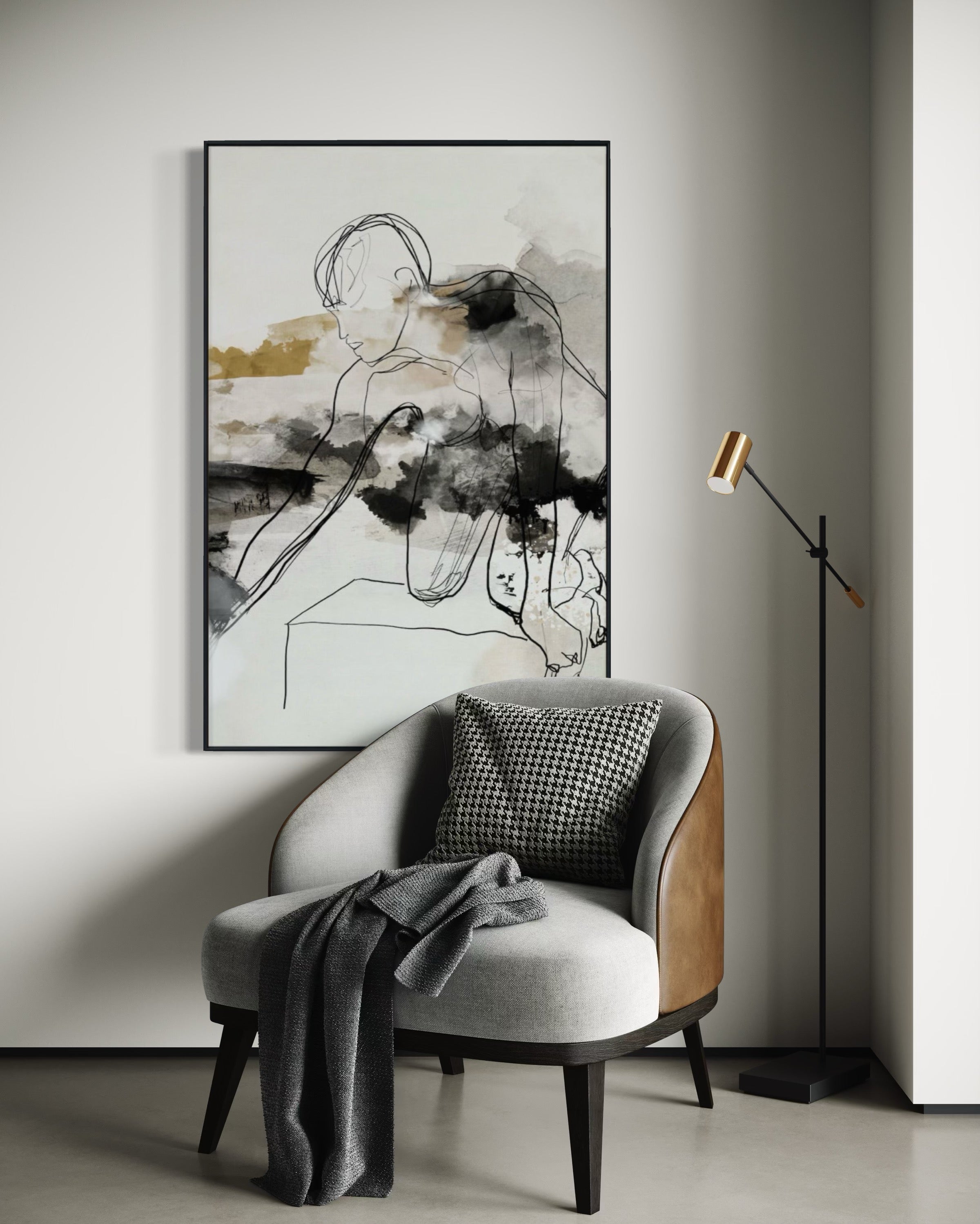 Cuadro Decorativo Abstracto Negro Arena 2-235 Silueta Humana Arte Lineal Moderno y Minimalista Tonos Neutros