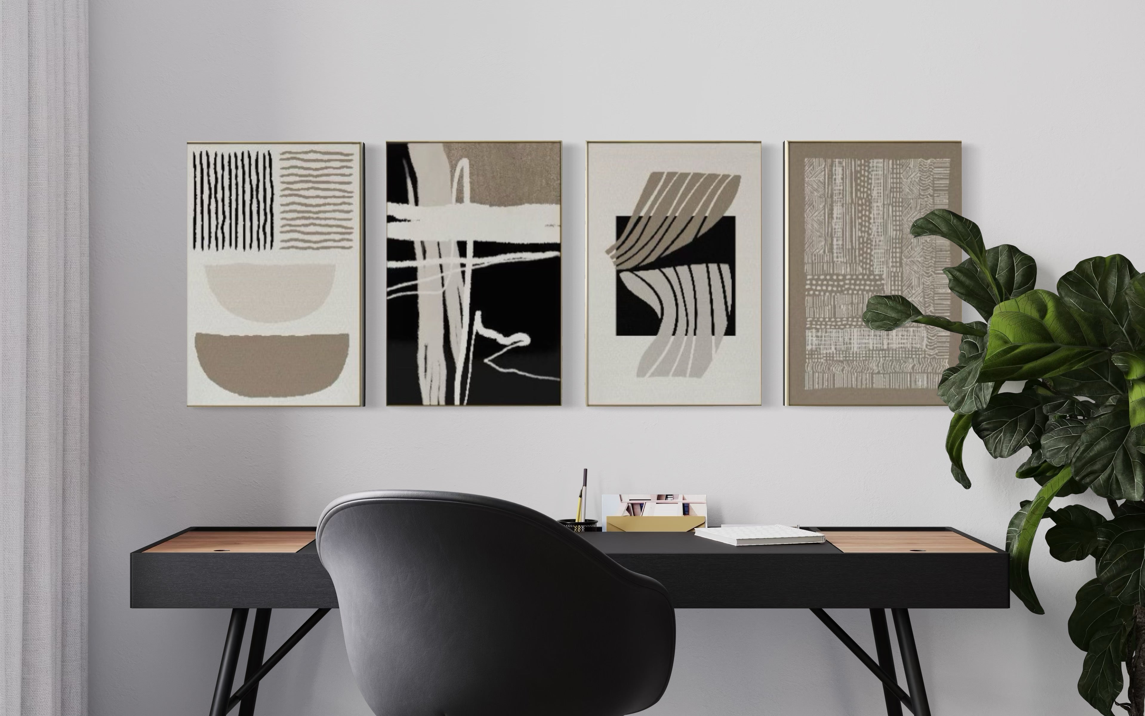 Set Cuadros Decorativos Abstracto Negro Arena 2 - 218 C - 4piezas Arte Moderno y Minimalista Estilo Boho Nordico Tonos Neutros