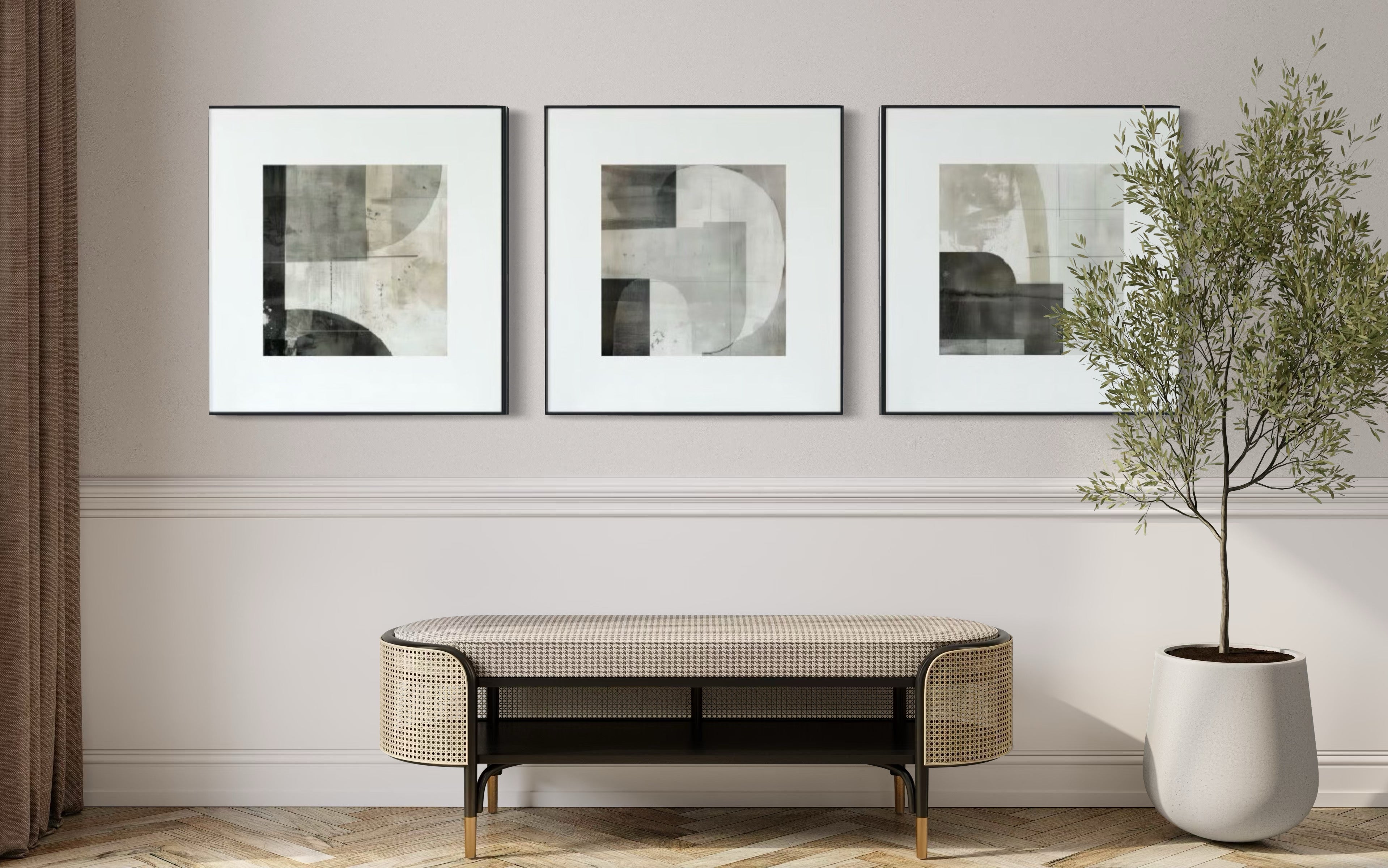 Set Cuadros Decorativos Abstracto Negro Arena  2 - 232 - Triptico Moderno y Elegante Arte Minimalista Estilo Nordico