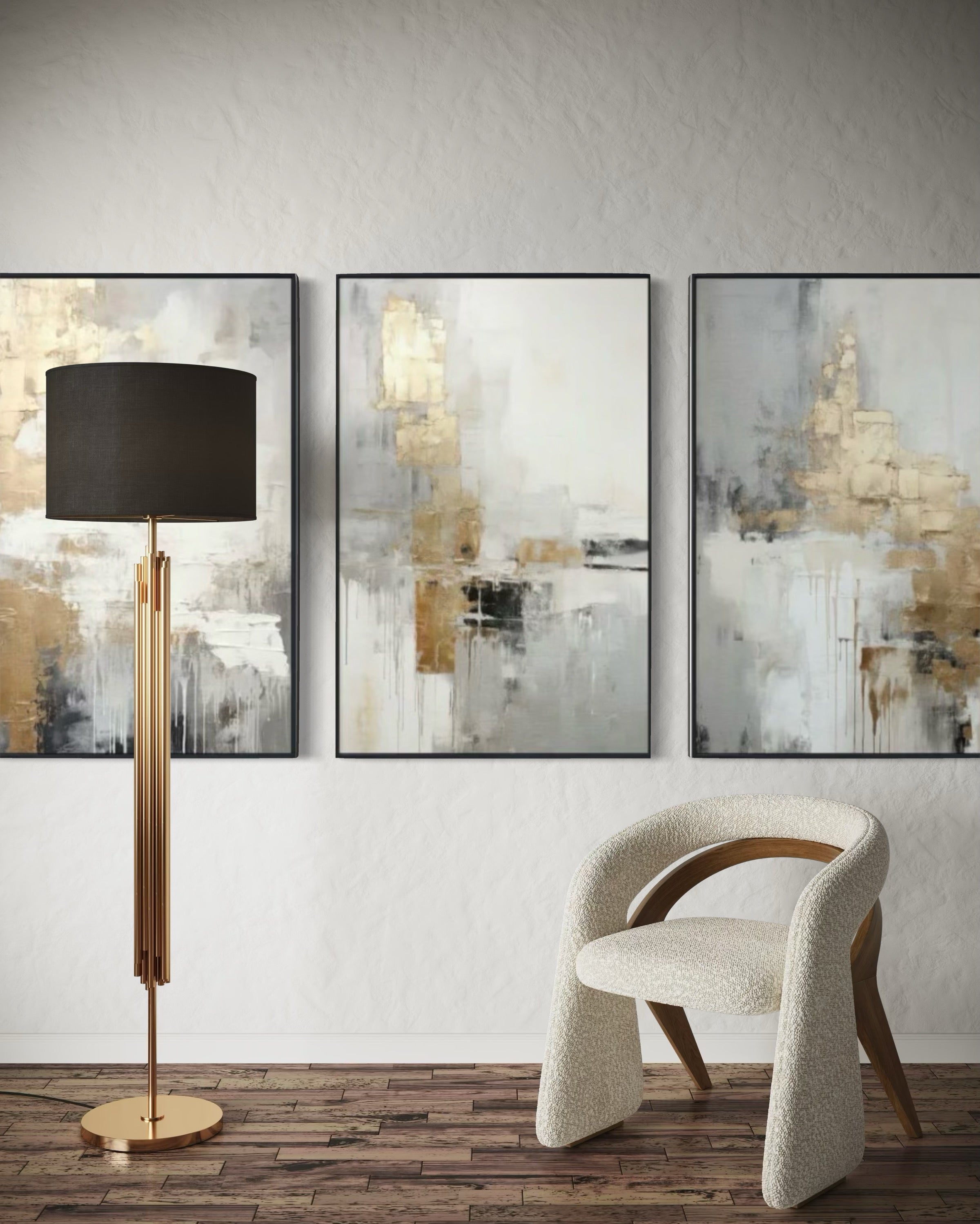 Set Cuadros Decorativos Abstracto Negro Arena 2-271 -Triptico  Moderno y Elegante en Tonos Negro, Gris, Beige y Dorado Oro