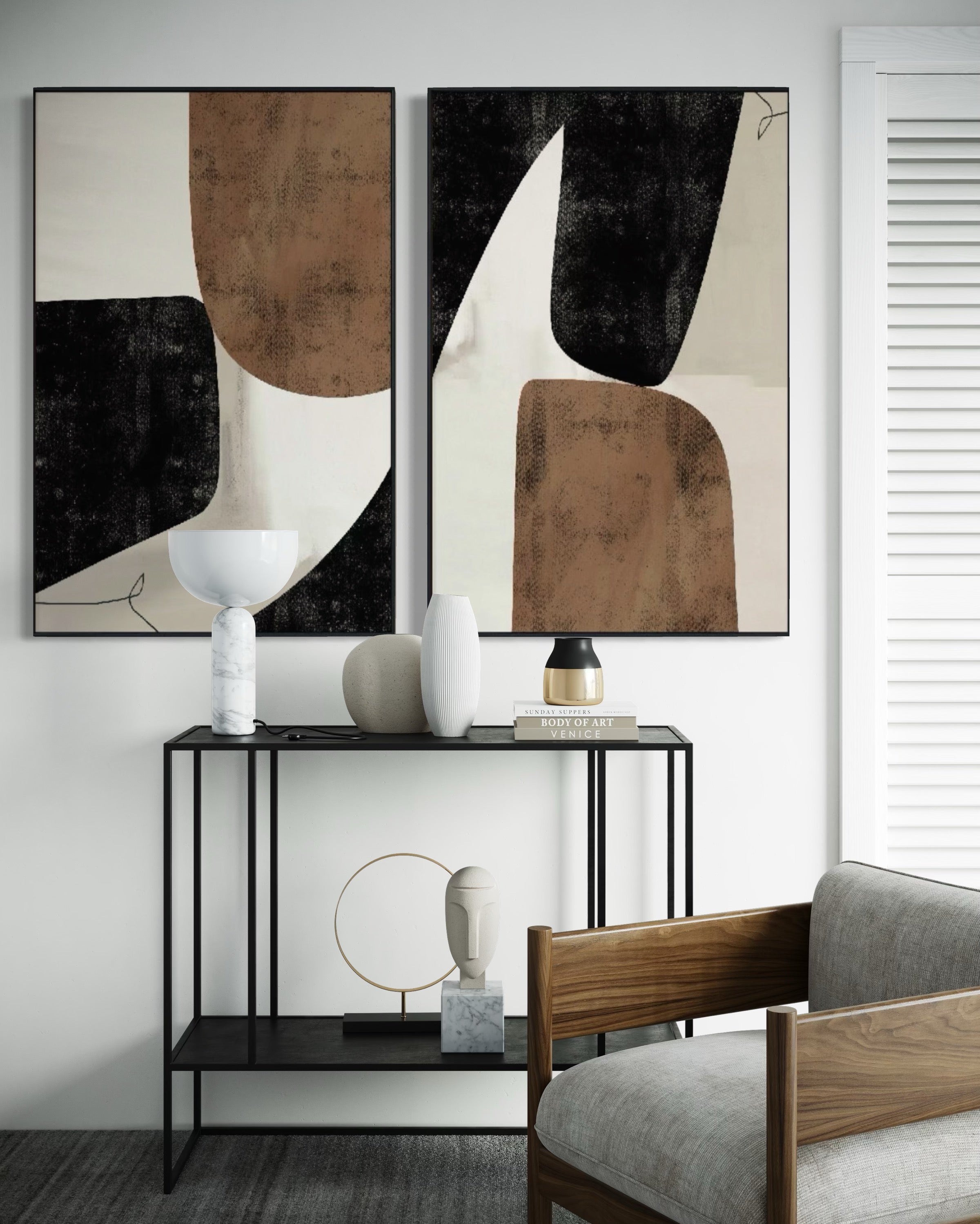 Set Cuadros Decorativos Abstracto Negro Arena 2 - 208 - Diptico Moderno y Elegante Estilo Nordico Boho en Tonos Neutros