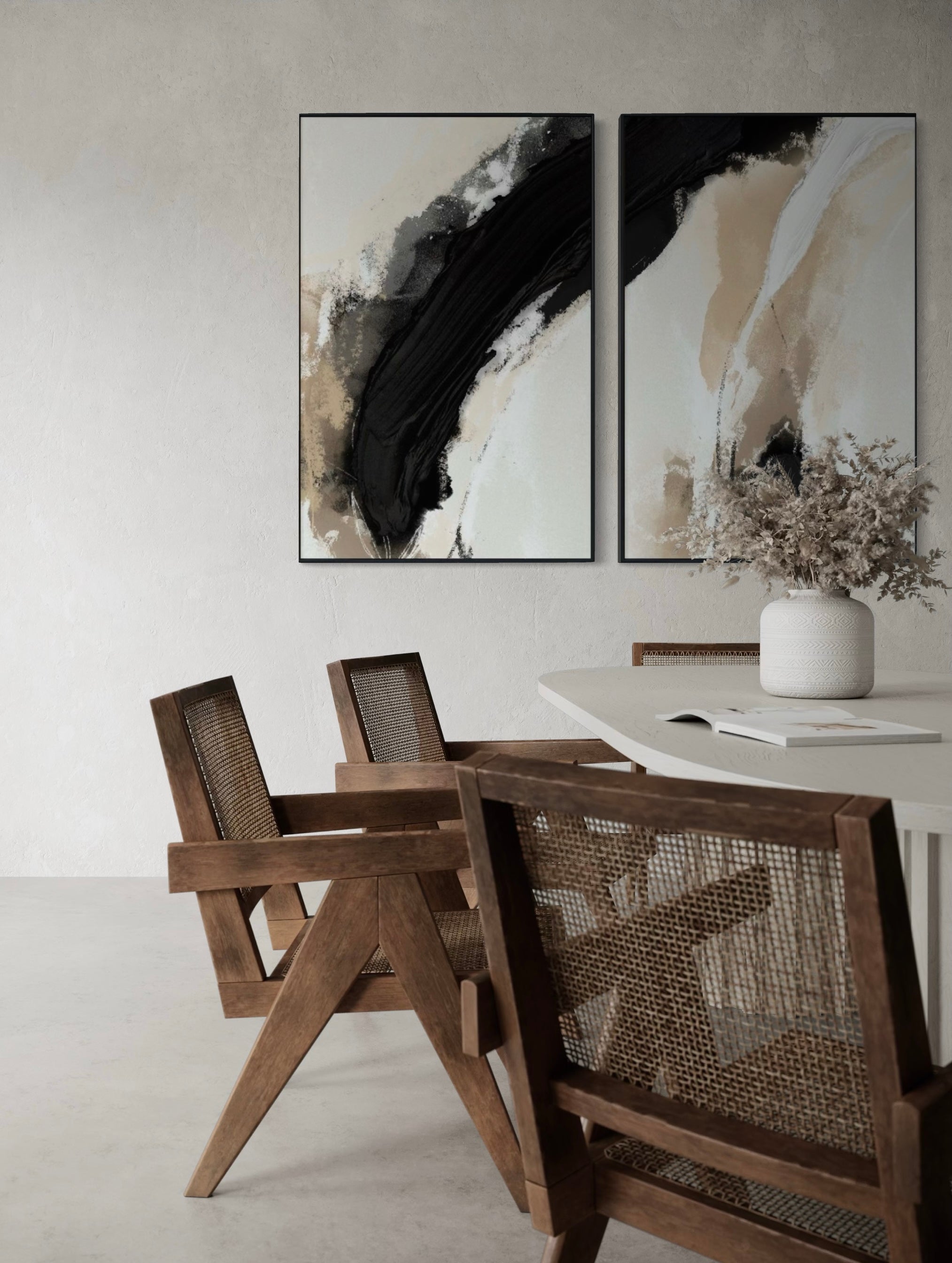 Set Cuadros Decorativos Abstracto Negro Arena 2 - 212 - Diptico Moderno y Minimalista en Tonos Negro y Beige Colores Neutros Estilo Nordico