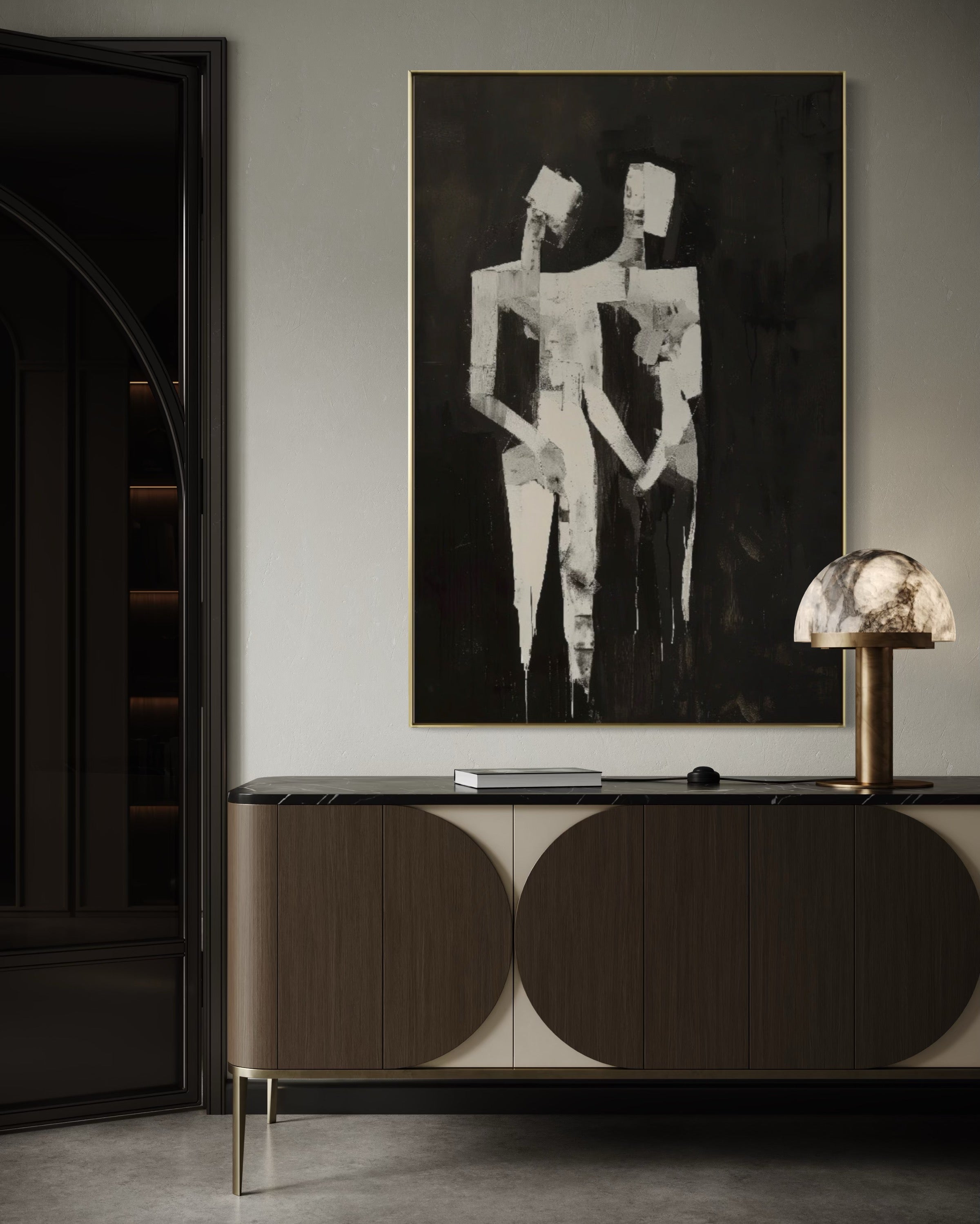 Cuadro Decorativo Abstracto Negro Arena 2-224 Siluetas de Pareja Arte Moderno y Minimalista en Beige y Negro Tonos Neutros