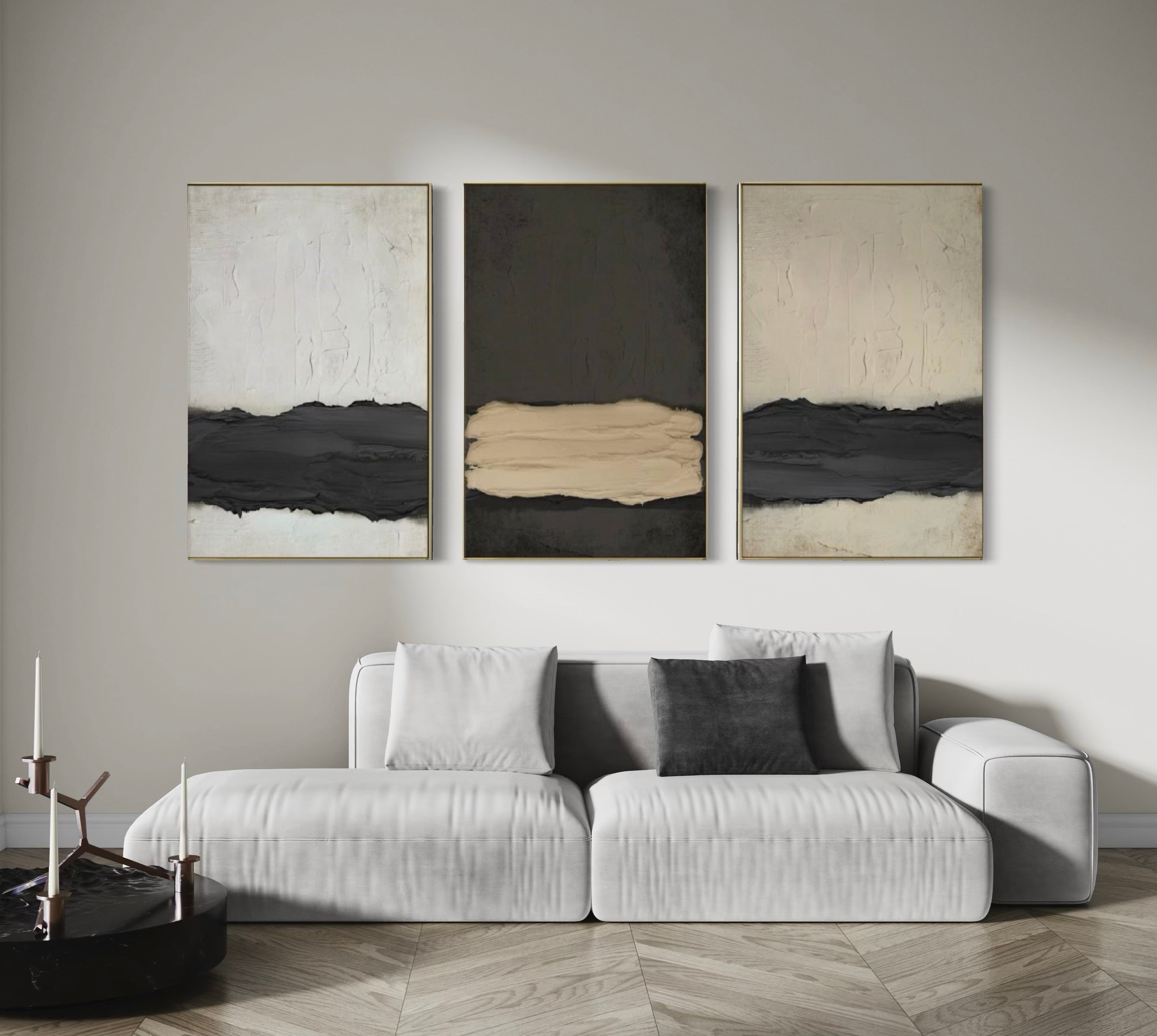 Set Cuadros Decorativos Abstracto Negro Arena 2 - 241 - Triptico Moderno y Elegante Arte Minimalista Estilo Nordico Tonos Neutros