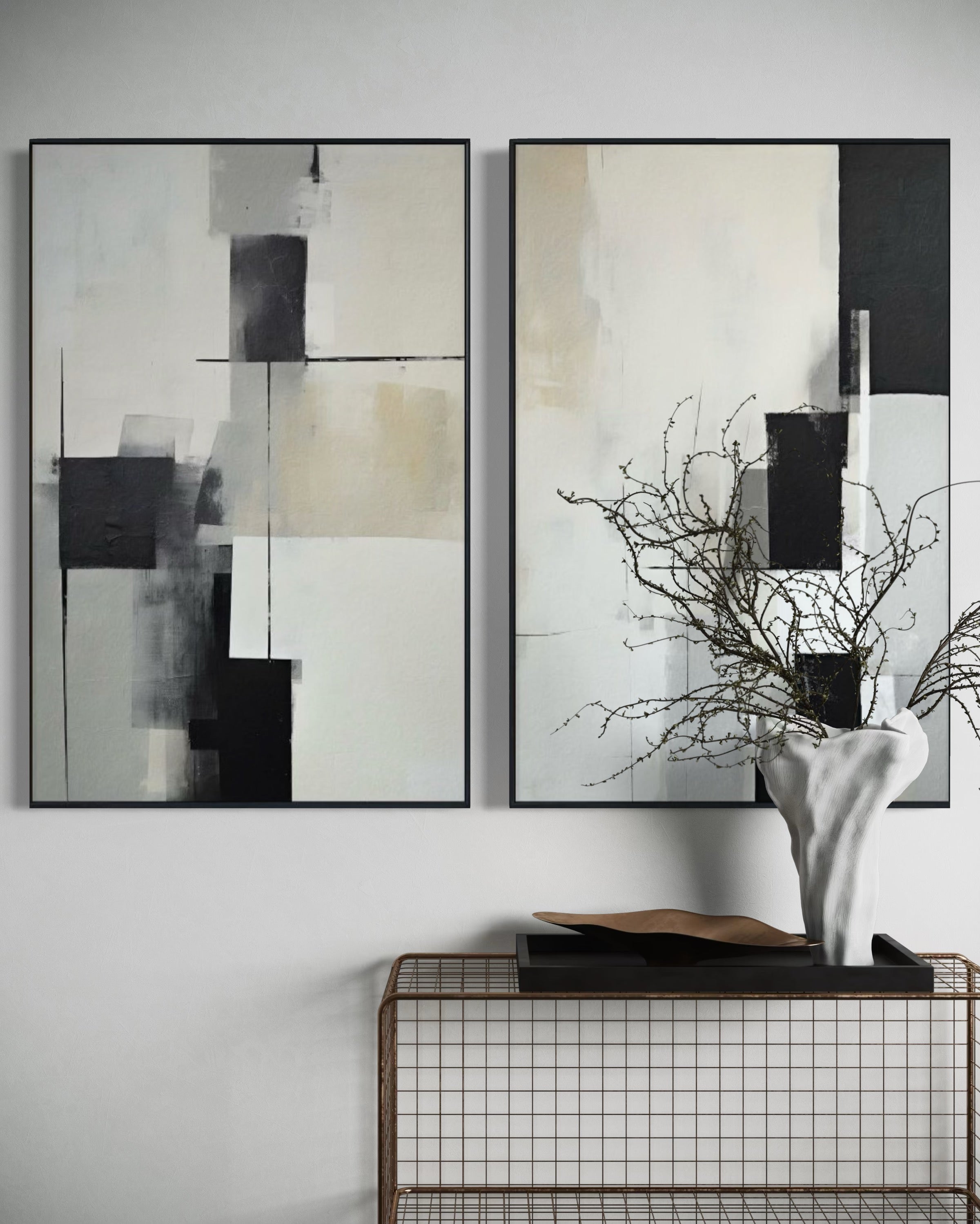 Set Cuadros Decorativos Abstracto Negro Arena 2 - 227 - Diptico Moderno y Minimalista Arte Estilo Nordico en Negro, Beige y Gris Tonos Neutros