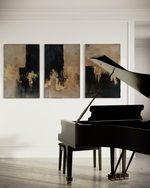 Cargar imagen en el visor de la galería, Set Cuadros Decorativos Abstracto Negro Arena 2-275- Triptico Moderno y Elegante en Negro, Beige y Dorado Oro
