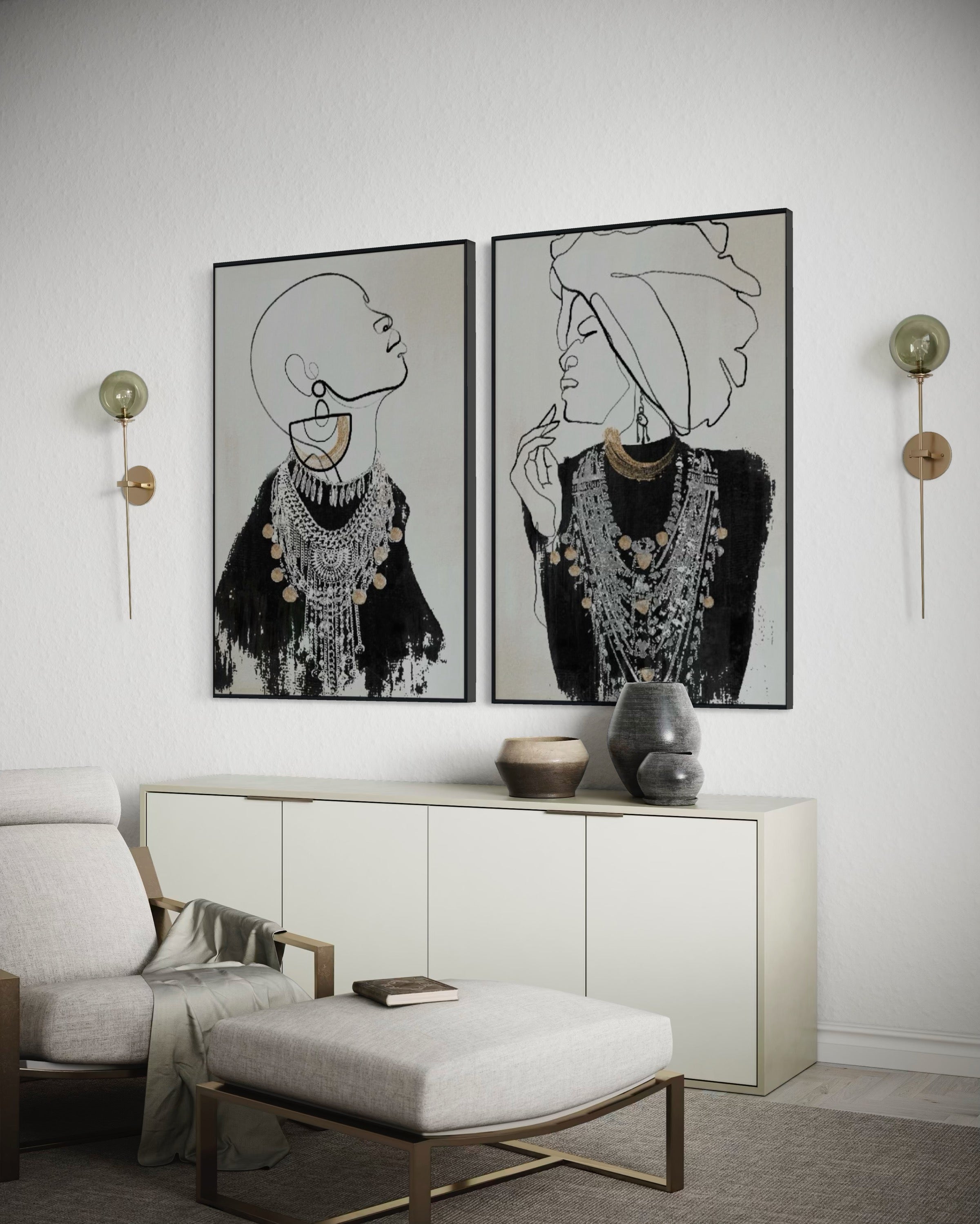 Set Cuadros Decorativos Abstracto Negro Arena 2 - 213 - Diptico Moderno Estilo Boho Mujeres Afro Arte Lineal En tonos Neutros y un toque de Dorado  Oro