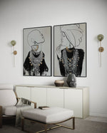 Cargar imagen en el visor de la galería, Set Cuadros Decorativos Abstracto Negro Arena 2 - 213 - Diptico Moderno Estilo Boho Mujeres Afro Arte Lineal En tonos Neutros y un toque de Dorado  Oro
