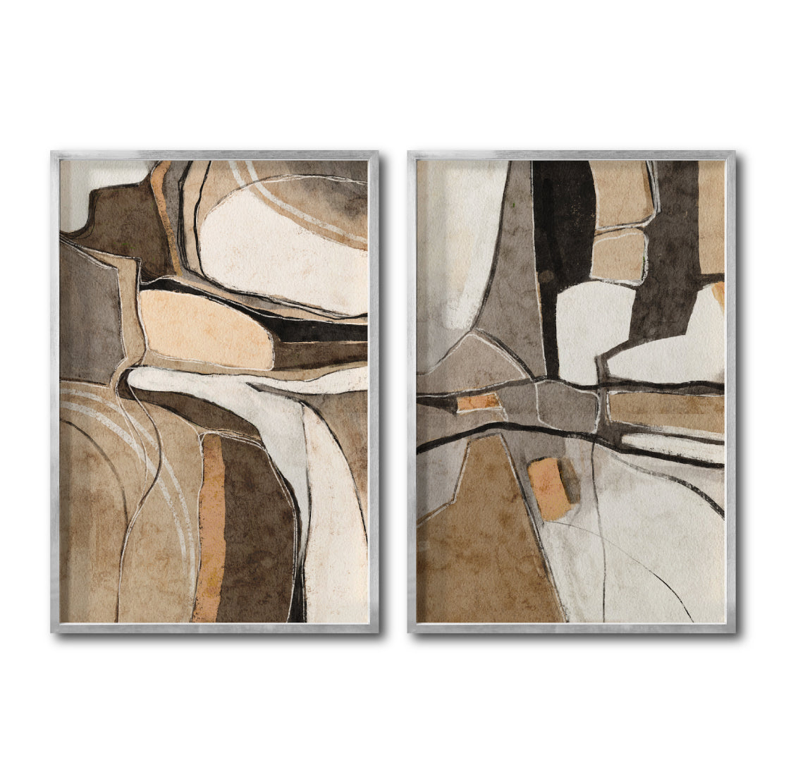 Set 2 Cuadros Decorativos Abstracto Negro Arena 056 - Estilo Boho Minimalista en Beige y Tonos Tierra-