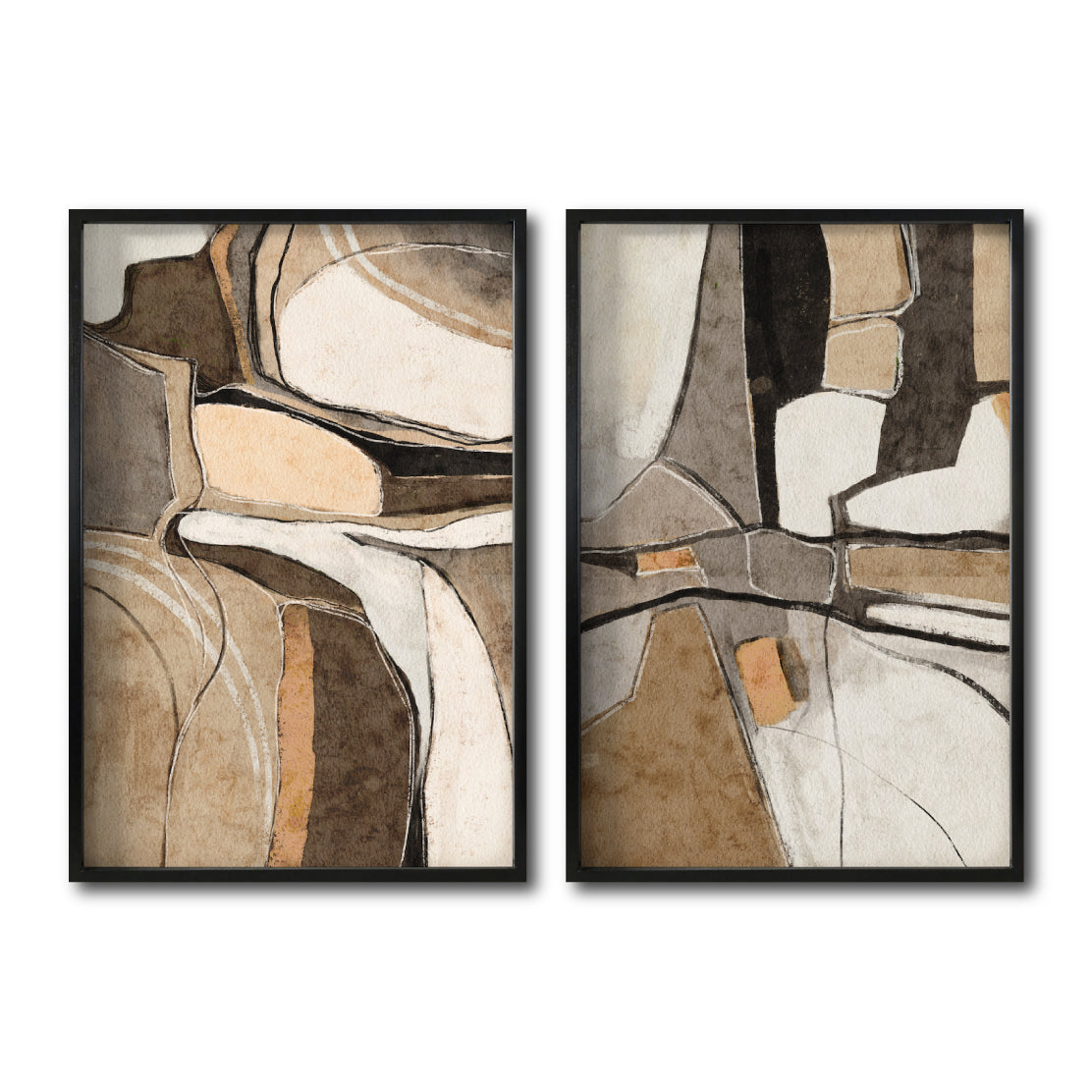 Set 2 Cuadros Decorativos Abstracto Negro Arena 056 - Para Credenza