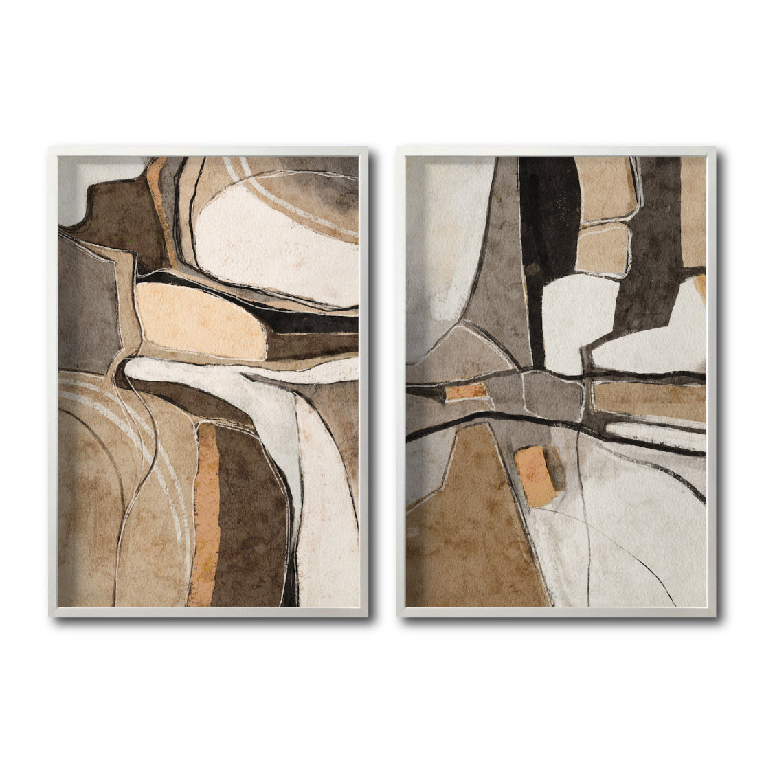 Set 2 Cuadros Decorativos Abstracto Negro Arena 056 - Estilo Boho Minimalista en Beige y Tonos Tierra-