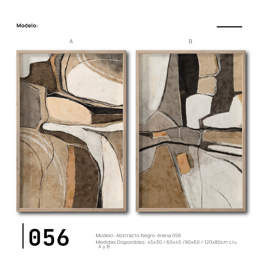 Set 2 Cuadros Decorativos Abstracto Negro Arena 056 - Para Credenza