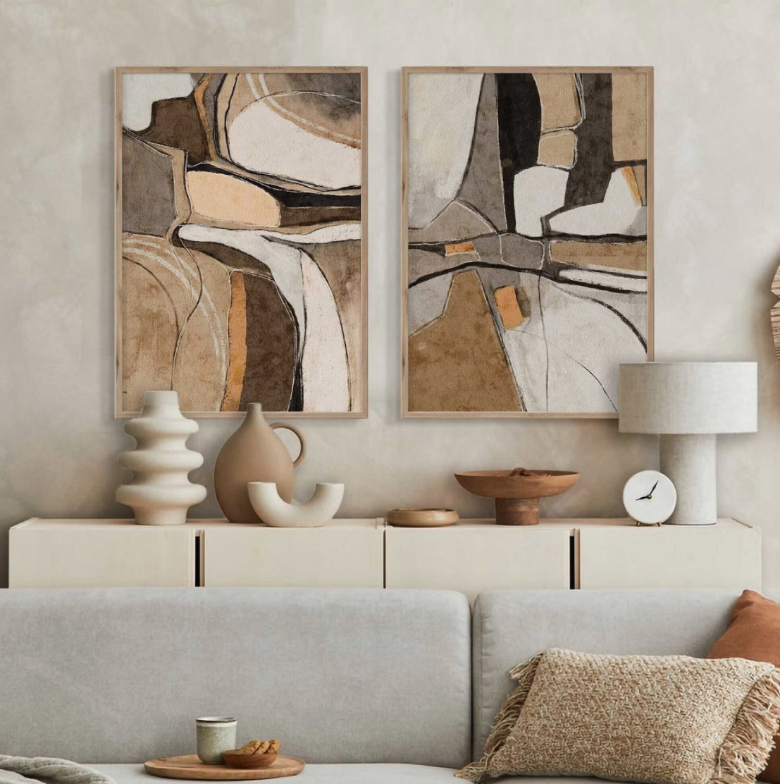 Set 2 Cuadros Decorativos Abstracto Negro Arena 056 - Para Credenza