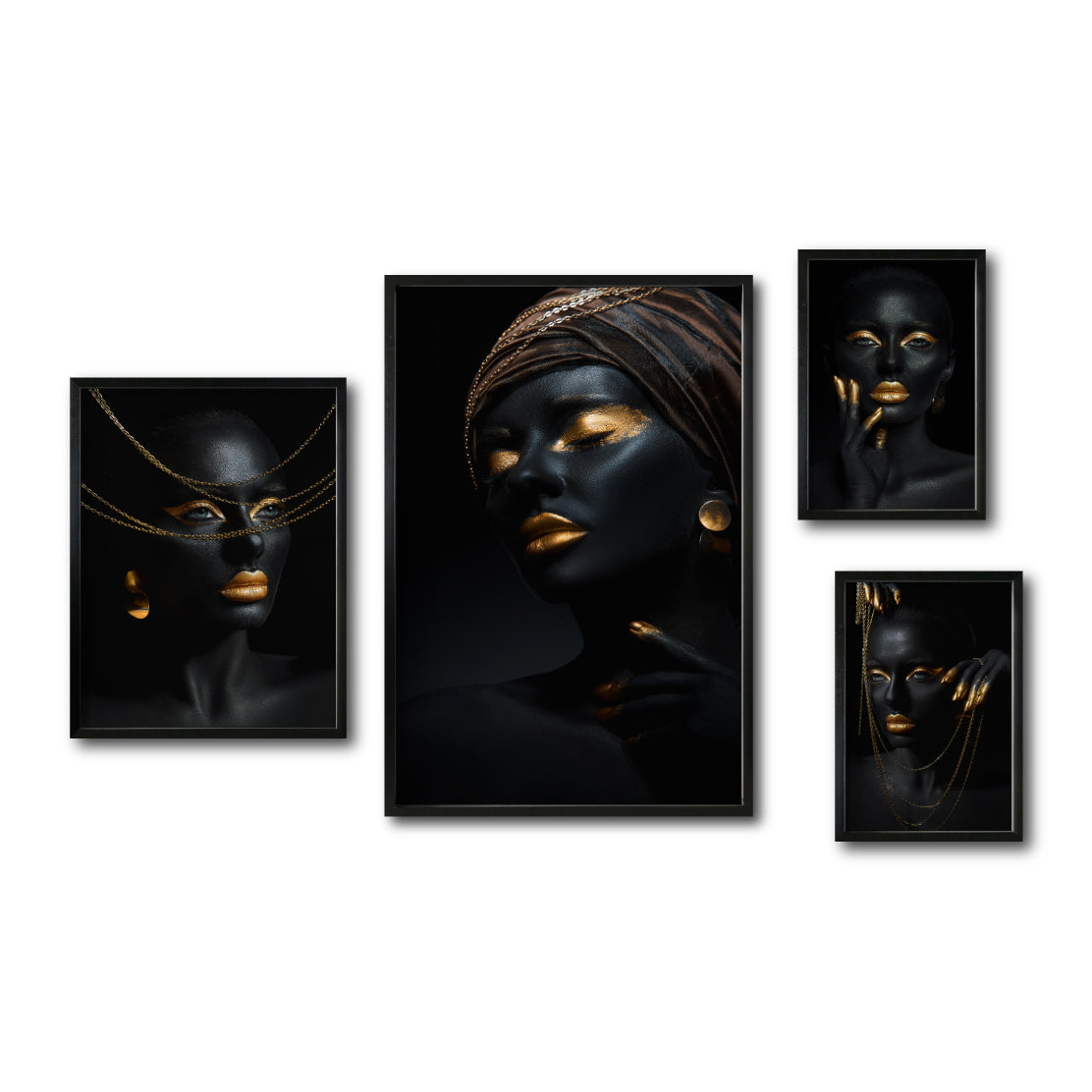 Set Cuadros Decorativos Black Woman 057 - Mujer Negra Africana con Joyas Doradas