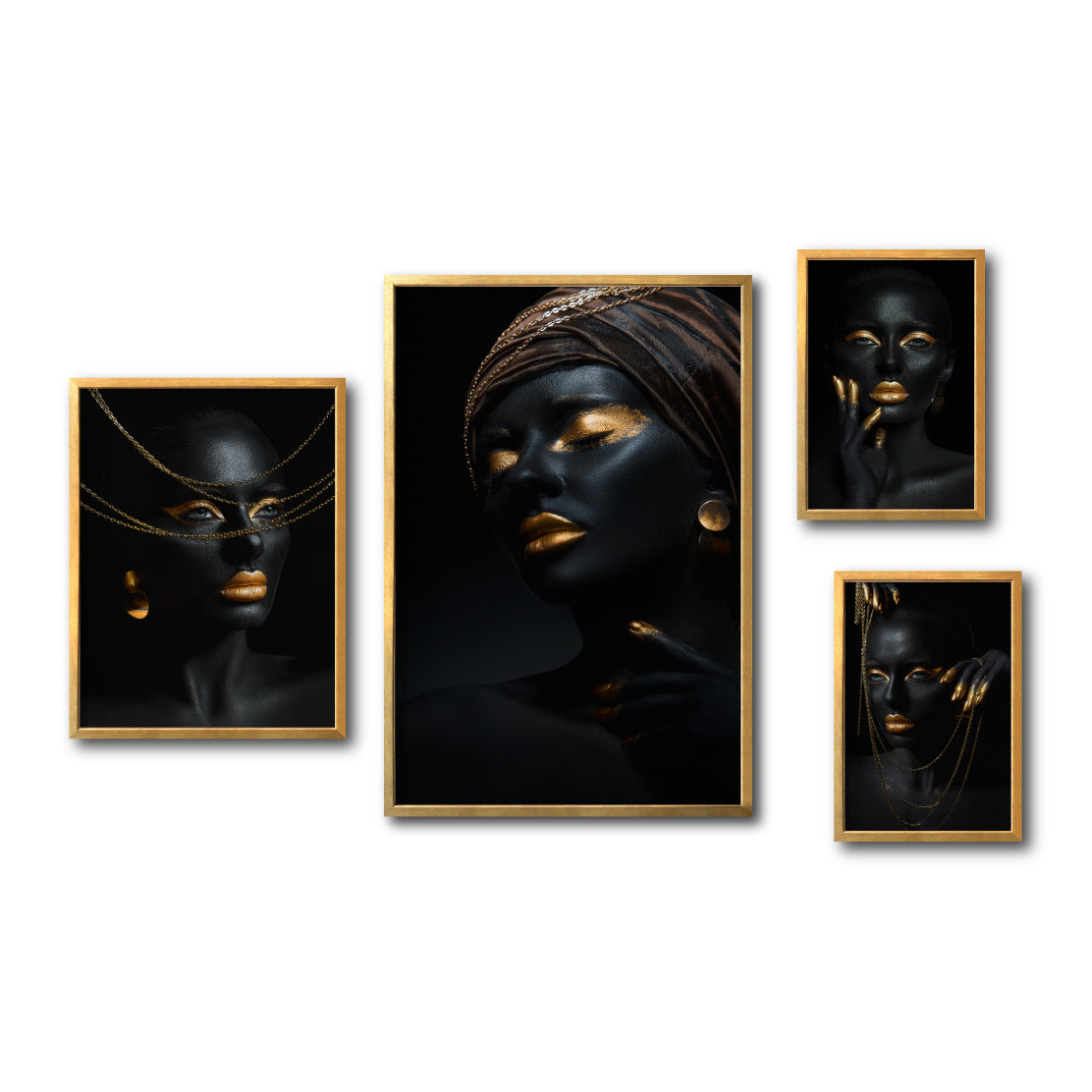 Set Cuadros Decorativos Black Woman 057 - Mujer Negra Africana con Joyas Doradas